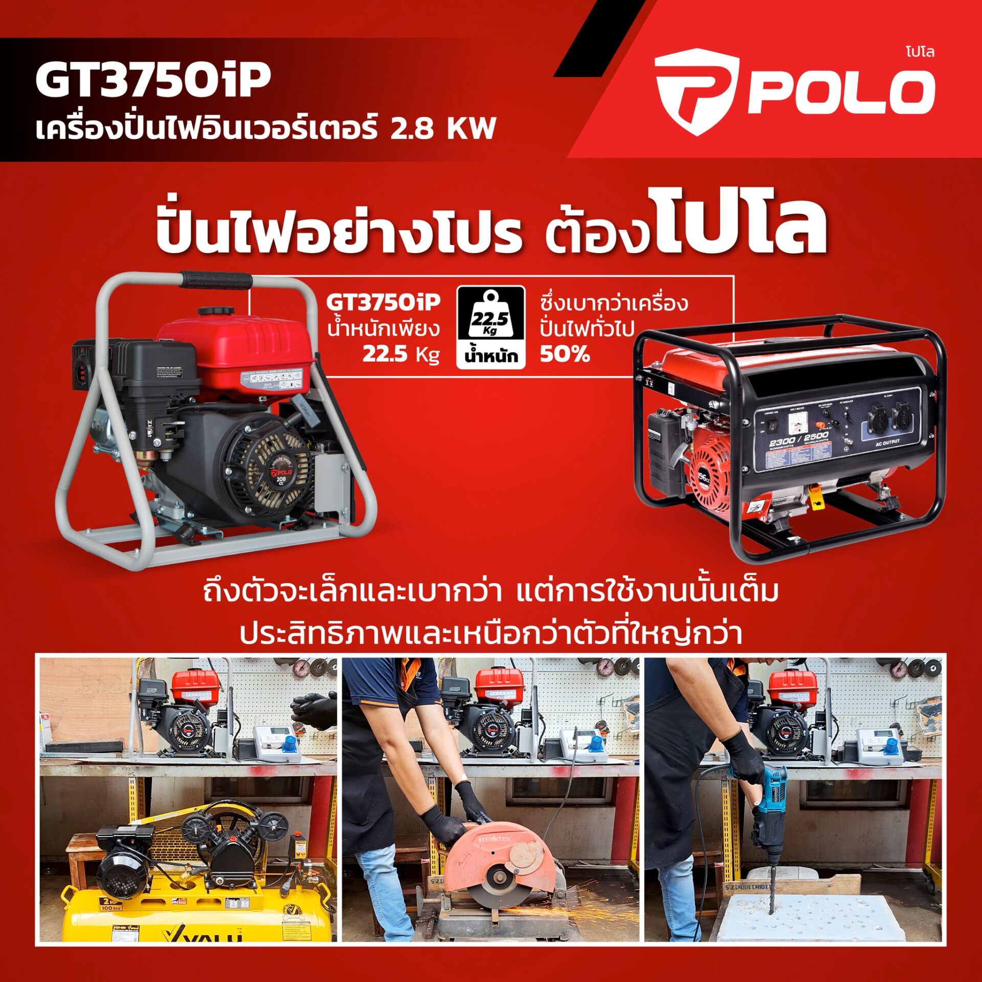 POLO เครื่องปั่นไฟเบนซิน Inverter กำลังไฟ 2.8 กิโลวัตต์ กำลังเครื่องยนต์ 7 แรงม้า รุ่น GT3750iP (รุ่นพกพา) ถังน้ำมัน 5.0 ลิตร สตาร์ทมือ (โปโ