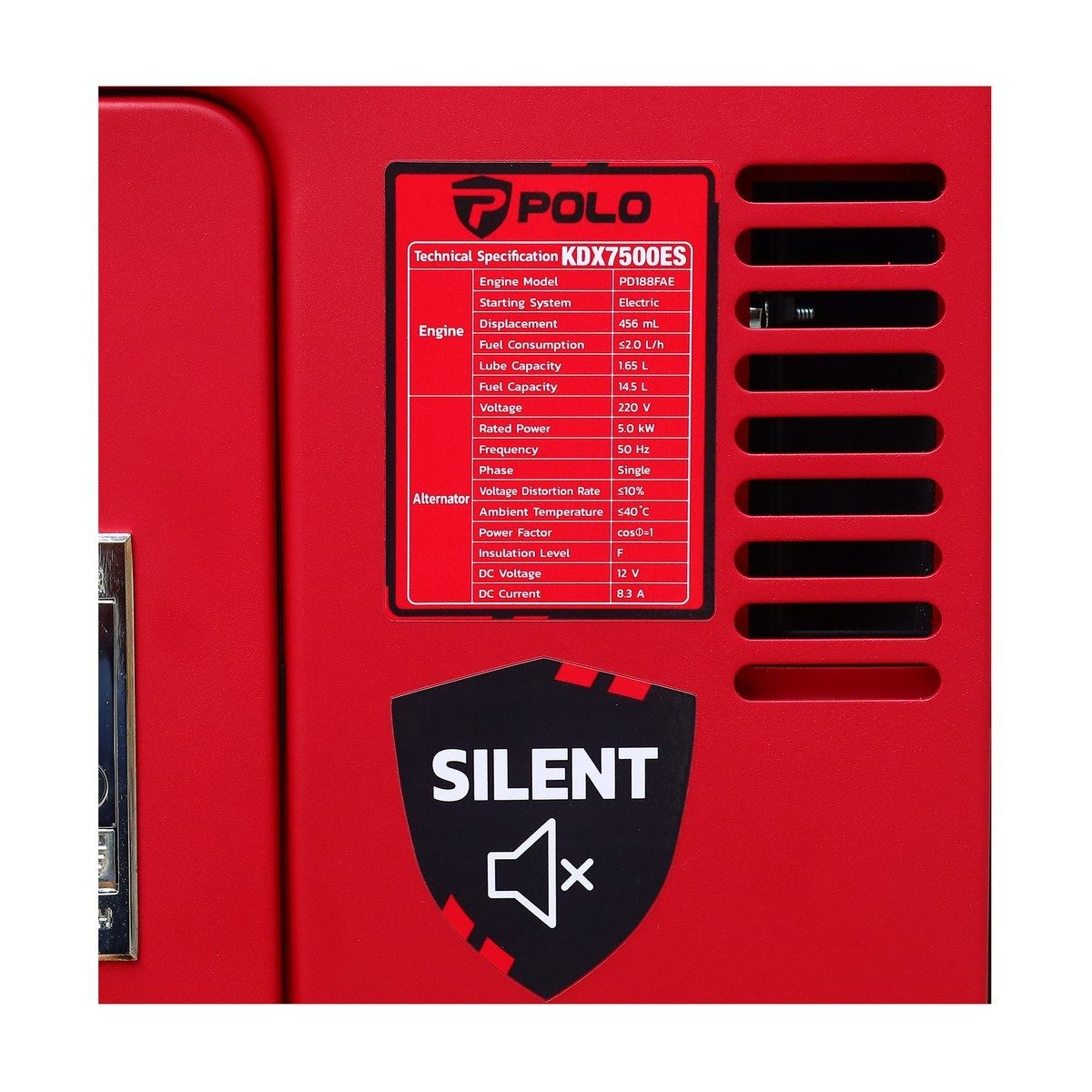 POLO เครื่องปั่นไฟดีเซล Silent Type กำลังไฟ 5.5 กิโลวัตต์ กำลังเครื่องยนต์ 9.4 แรงม้า รุ่น KDX7500ES ถังน้ำมัน 14.5 ลิตร สตาร์ทกุญแจระบบไฟฟ้