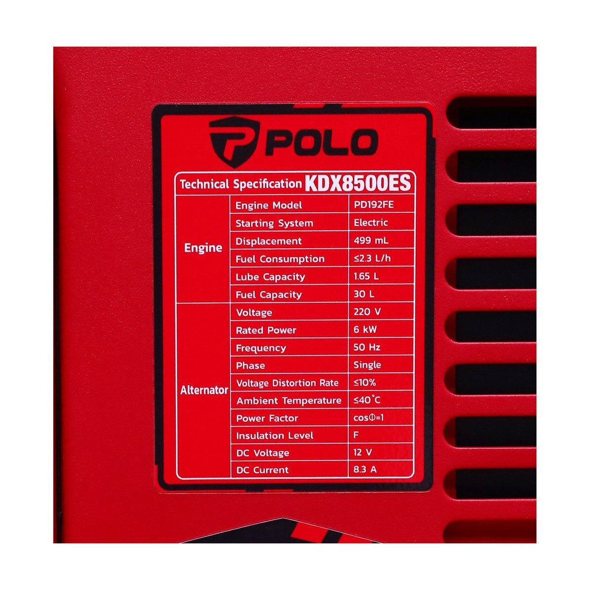 POLO เครื่องปั่นไฟดีเซล Silent Type กำลังไฟ 6.5 กิโลวัตต์ กำลังเครื่องยนต์ 11.7 แรงม้า รุ่น KDX8500ES ถังน้ำมัน 14.5 ลิตร สตาร์ทกุญแจระบบไฟฟ