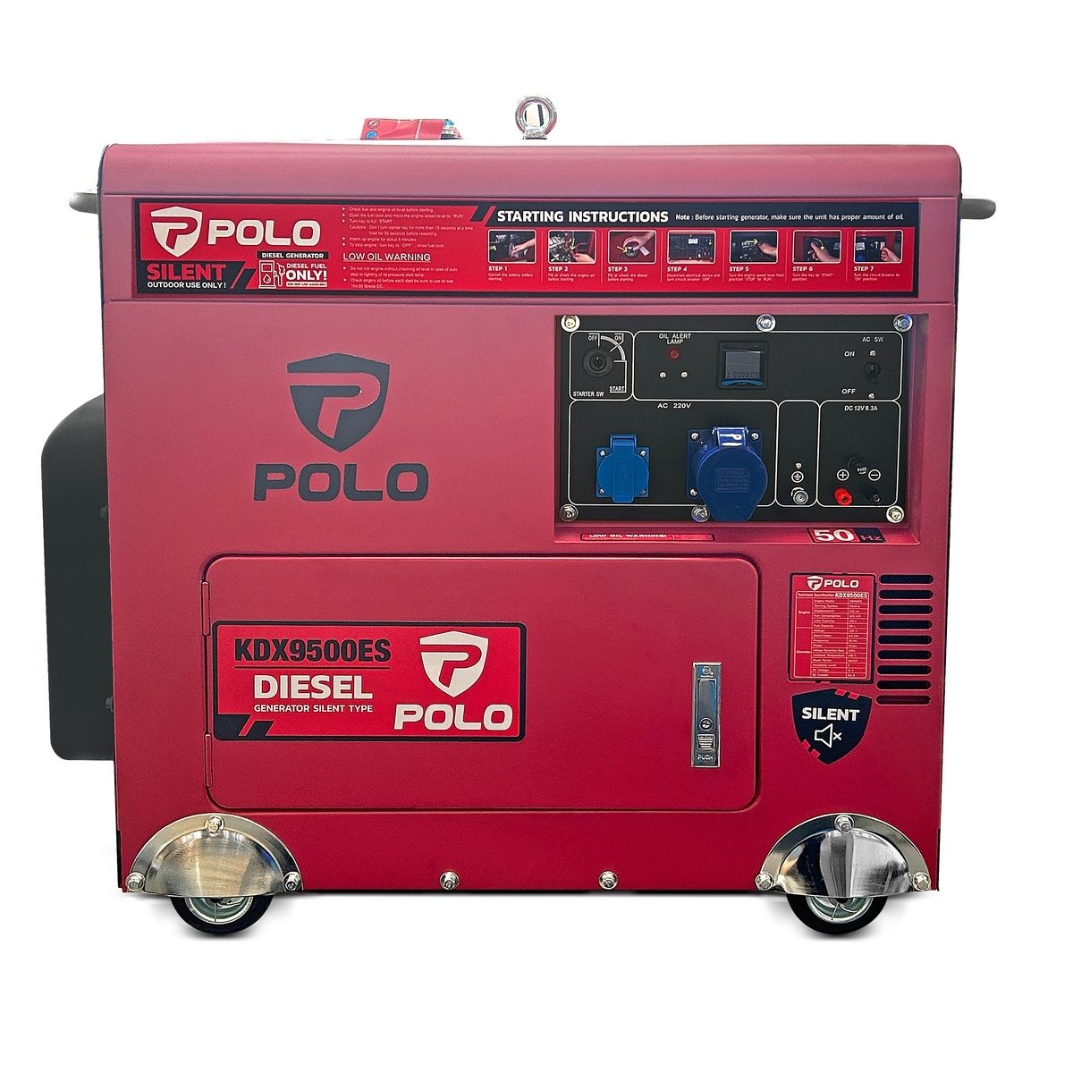 POLO เครื่องปั่นไฟดีเซล (รุ่นเงียบ) กำลังไฟ 7.5 กิโลวัตต์ เครื่องยนต์ 10.7 แรงม้า รุ่น KDX9500ES ถังน้ำมัน 30 ลิตร สตาร์ทกุญแจระบบไฟฟ้า เหมา