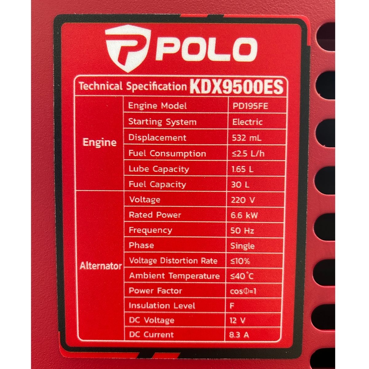 POLO เครื่องปั่นไฟดีเซล (รุ่นเงียบ) กำลังไฟ 7.5 กิโลวัตต์ เครื่องยนต์ 10.7 แรงม้า รุ่น KDX9500ES ถังน้ำมัน 30 ลิตร สตาร์ทกุญแจระบบไฟฟ้า เหมา