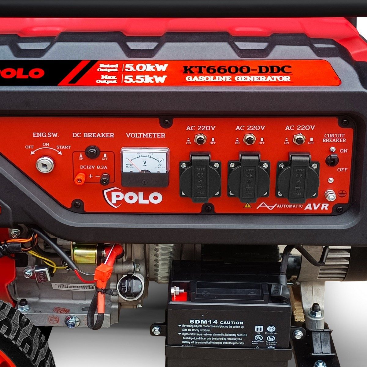 POLO เครื่องปั่นไฟ เบนซิน กำลังไฟ 5.0 กิโลวัตต์ กำลังเครื่องยนต์ 13 แรงม้า รุ่น KT6600DDC กระบอกสูบ 389 มล. ถังน้ำมัน 25 ลิตร สตาร์ทไฟฟ้า (โ