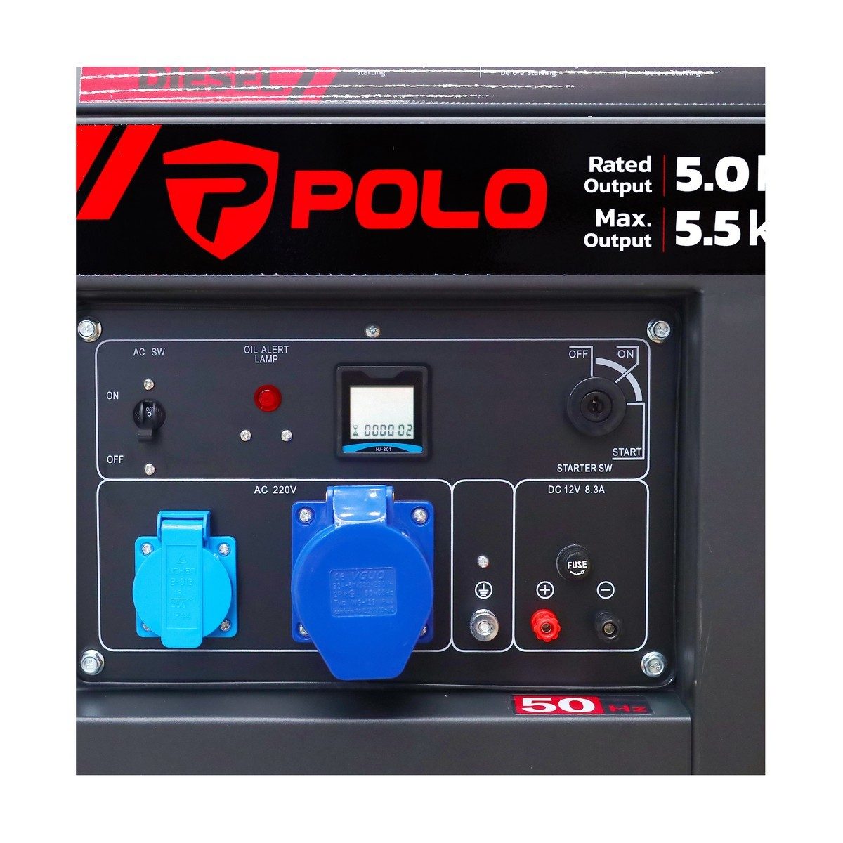 POLO เครื่องปั่นไฟดีเซล Open Type กำลังไฟ 5.5 กิโลวัตต์ กำลังเครื่องยนต์ 9.4 แรงม้า รุ่น PDX7500E ถังน้ำมัน 12.5 ลิตร สตาร์ทกุญแจระบบไฟฟ้า เ
