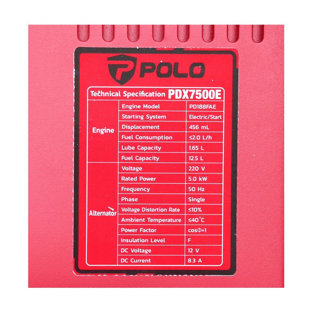 POLO เครื่องปั่นไฟดีเซล Open Type กำลังไฟ 5.5 กิโลวัตต์ กำลังเครื่องยนต์ 9.4 แรงม้า รุ่น PDX7500E ถังน้ำมัน 12.5 ลิตร สตาร์ทกุญแจระบบไฟฟ้า เ