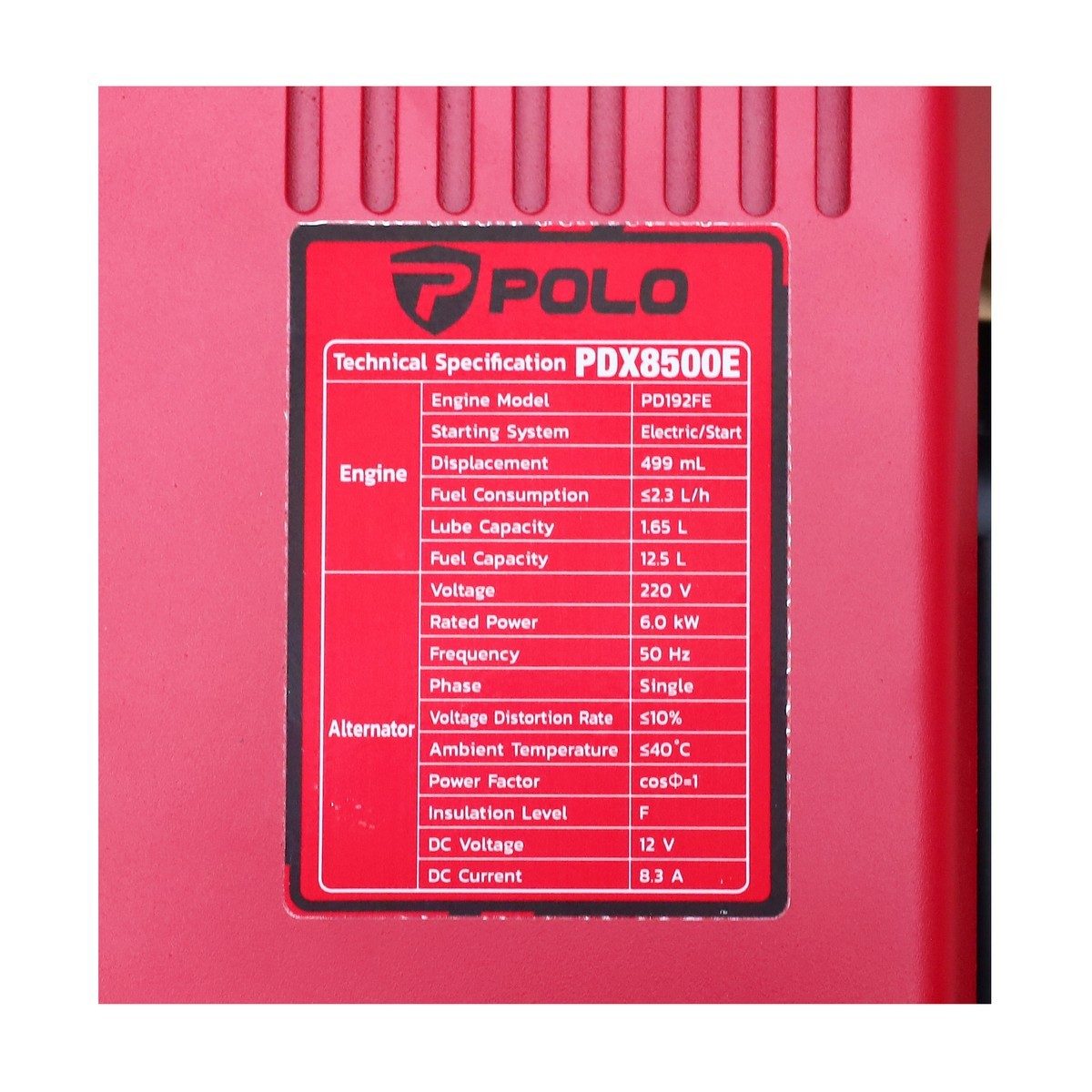 POLO เครื่องปั่นไฟดีเซล Open Type กำลังไฟ 6.5 กิโลวัตต์ กำลังเครื่องยนต์ 11.7 แรงม้า รุ่น PDX8500E ถังน้ำมัน 12.5 ลิตร สตาร์ทกุญแจระบบไฟฟ้า 