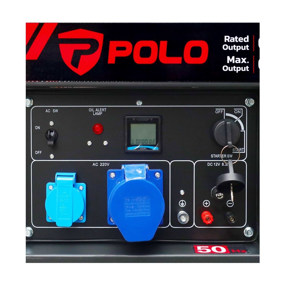 POLO เครื่องปั่นไฟดีเซล Open Type กำลังไฟ 6.5 กิโลวัตต์ กำลังเครื่องยนต์ 11.7 แรงม้า รุ่น PDX8500E ถังน้ำมัน 12.5 ลิตร สตาร์ทกุญแจระบบไฟฟ้า 