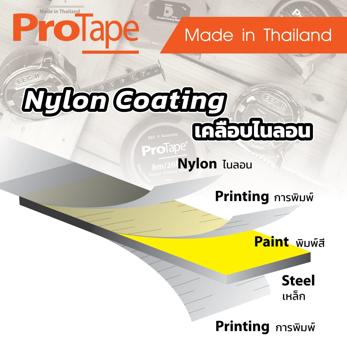 0-826ME ตลับเมตร 8ม/26ฟุต หุ้มยางส้ม/ดำ