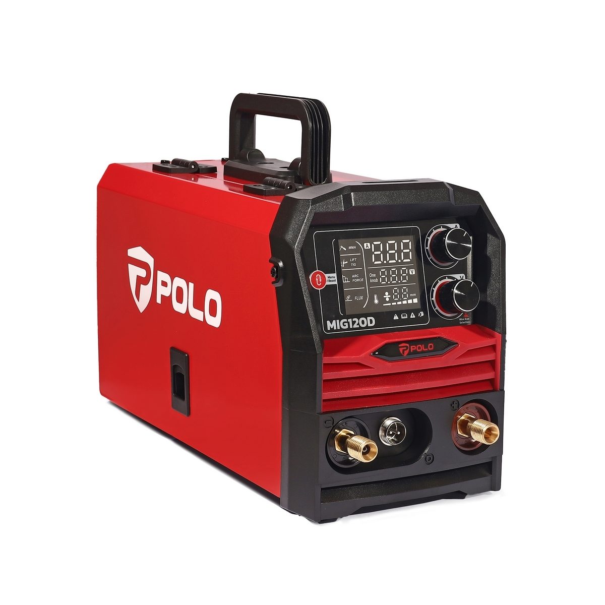 POLO เครื่องเชื่อม MIG/MMA รุ่น MIG120D 1 เฟส 220 โวลต์ กระแสไฟเชื่อม 120 แอมป์ หน้าจอดิจิตอลขนาดใหญ่ สำหรับงาน DIY ภายในบ้าน ใช้กับลวดเชื่อ