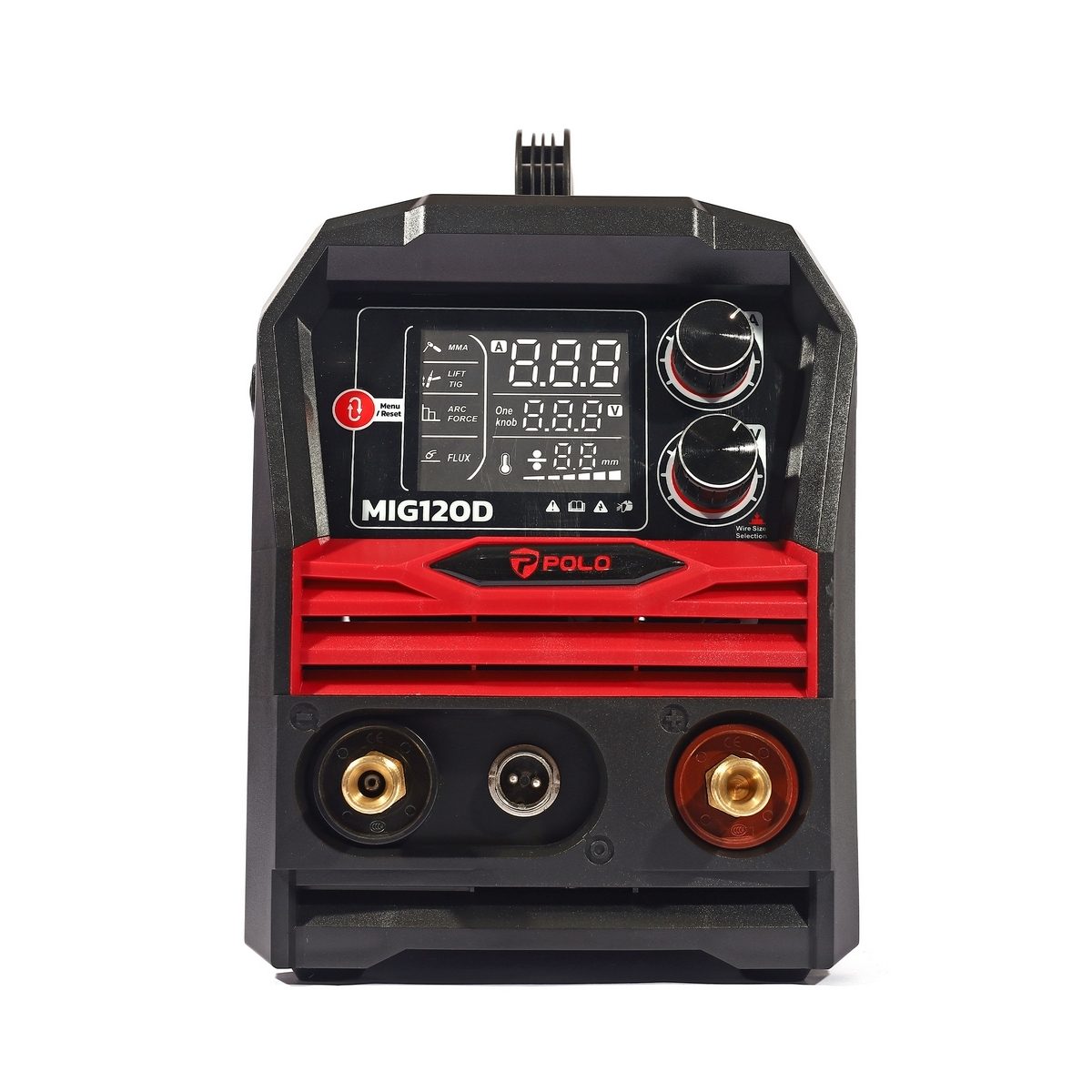 POLO เครื่องเชื่อม MIG/MMA รุ่น MIG120D 1 เฟส 220 โวลต์ กระแสไฟเชื่อม 120 แอมป์ หน้าจอดิจิตอลขนาดใหญ่ สำหรับงาน DIY ภายในบ้าน ใช้กับลวดเชื่อ