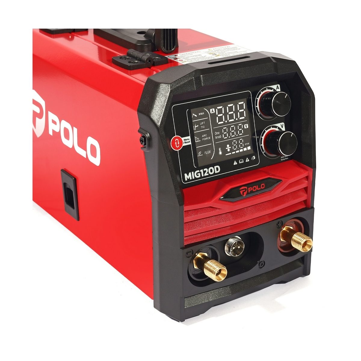 POLO เครื่องเชื่อม MIG/MMA รุ่น MIG120D 1 เฟส 220 โวลต์ กระแสไฟเชื่อม 120 แอมป์ หน้าจอดิจิตอลขนาดใหญ่ สำหรับงาน DIY ภายในบ้าน ใช้กับลวดเชื่อ