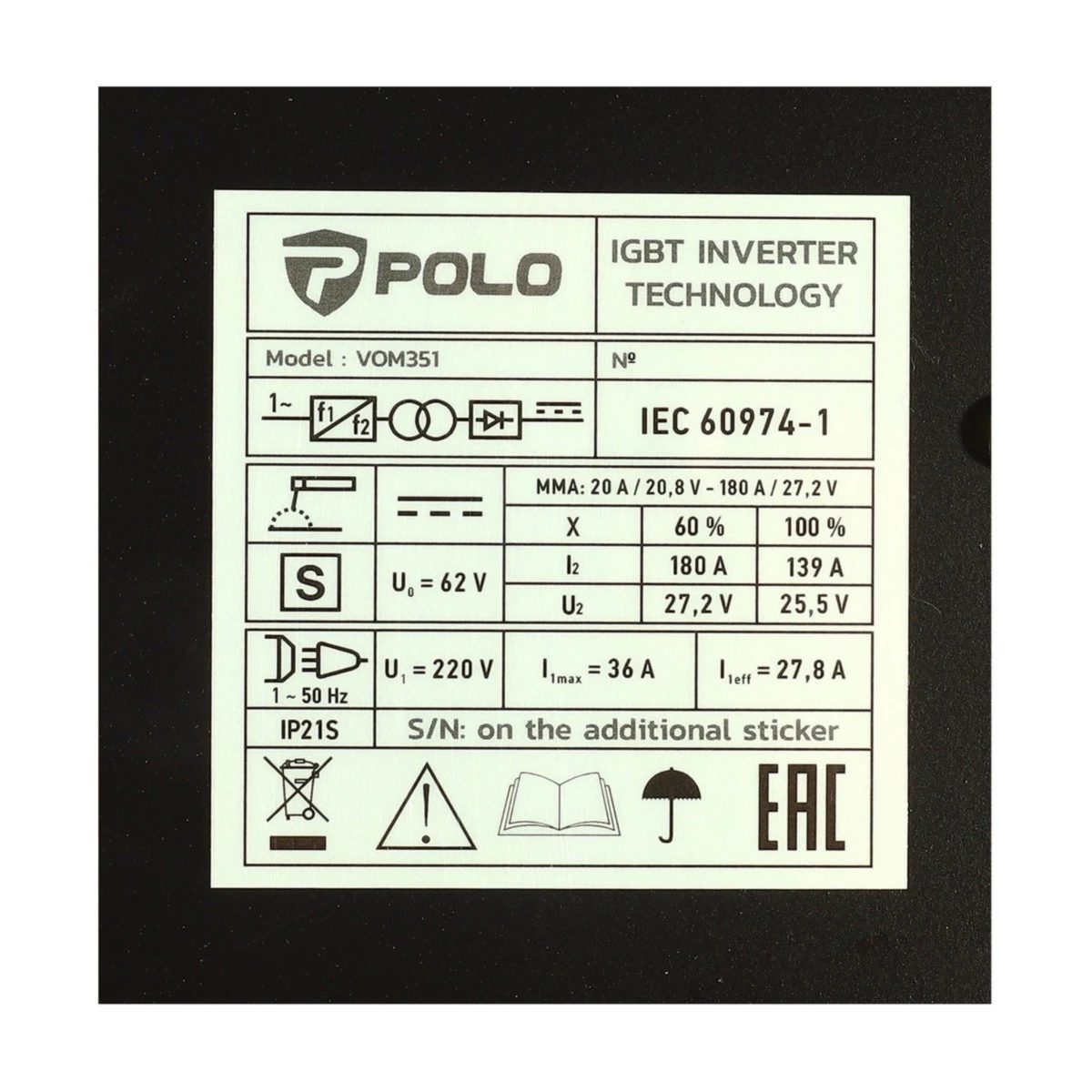 POLO เครื่องเชื่อม ARC MMA Inverter ระบบ IGBT กระแสไฟเชื่อม 20 - 180 แอมป์ รุ่น VOM351 ขนาดลวดเชื่อม 1.6 - 4.0 มม. ระดับป้องกัน IP21S (โปโล)