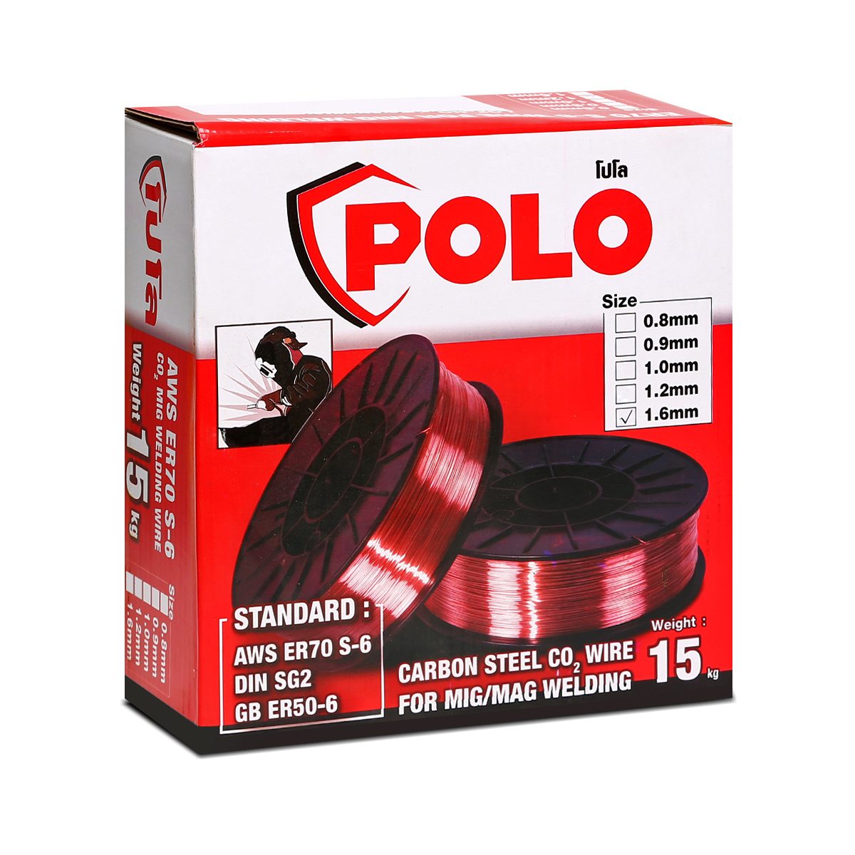 POLO ลวดเชื่อม MIG ขนาด 1.6 มม. เกรด ER70S-6 น้ำหนัก 15 กก. ใช้กับเครื่องเชื่อม รุ่น MIG200, MIG250, MIG350 และ MIG500 (โปโล)