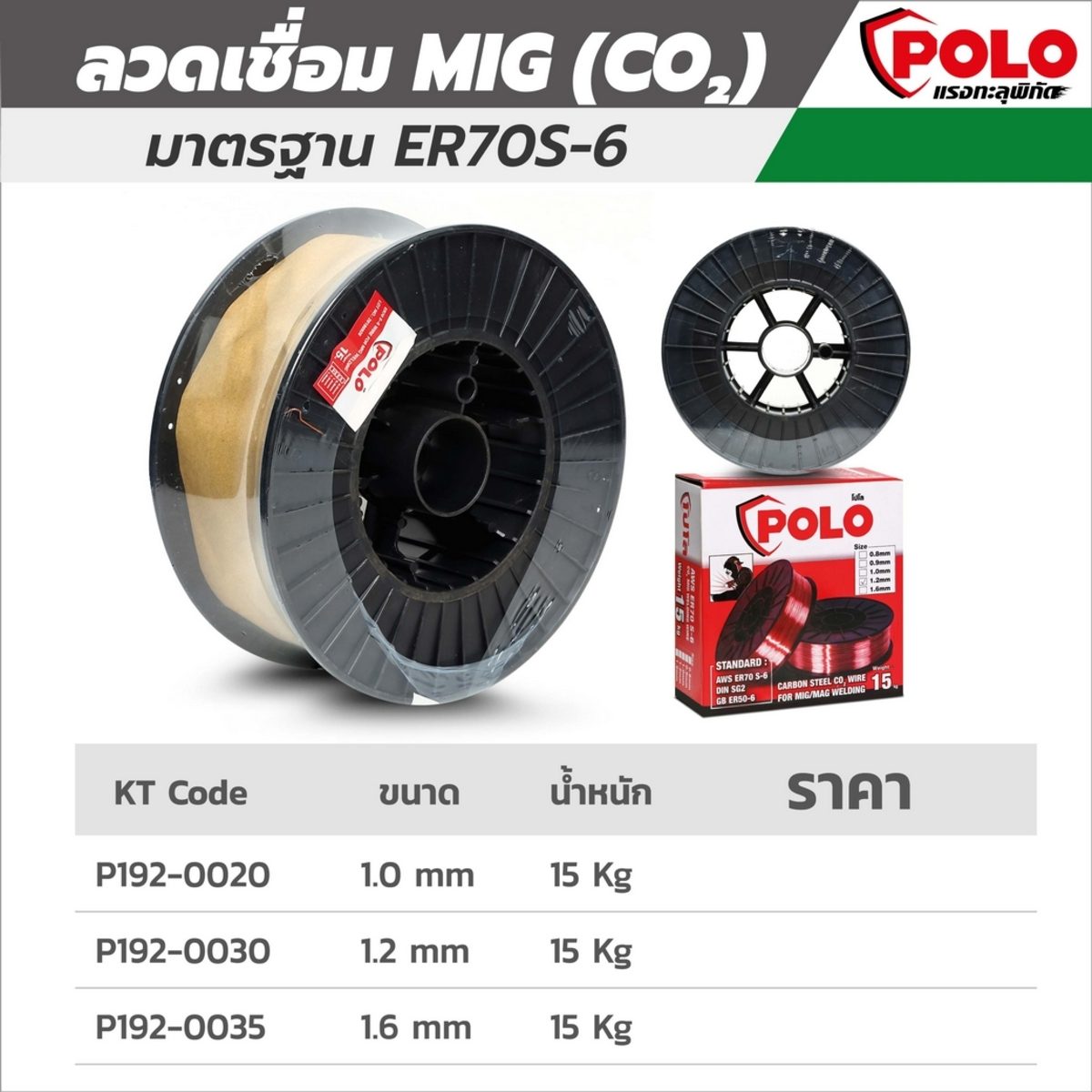 POLO ลวดเชื่อม MIG ขนาด 1.6 มม. เกรด ER70S-6 น้ำหนัก 15 กก. ใช้กับเครื่องเชื่อม รุ่น MIG200, MIG250, MIG350 และ MIG500 (โปโล)