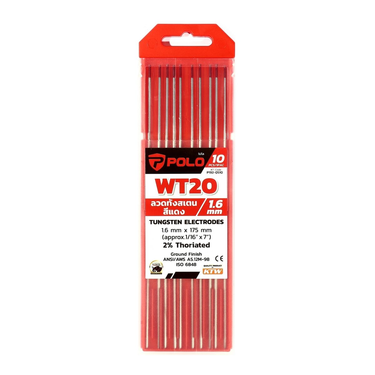 POLO ลวดทังสเตนสีแดง 1.6 X 175 มม. 2% Thoriated (WT20) บรรจุ 10 ชิ้น/แพ็ค (โปโล)