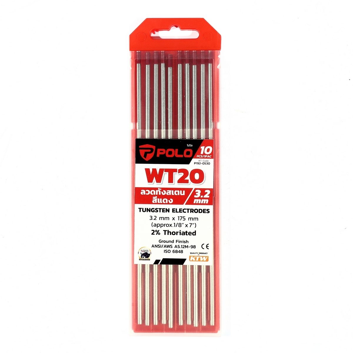 POLO ลวดทังสเตนสีแดง 3.2 X 175 มม. 2% Thoriated (WT20) บรรจุ 10 ชิ้น/แพ็ค (โปโล)