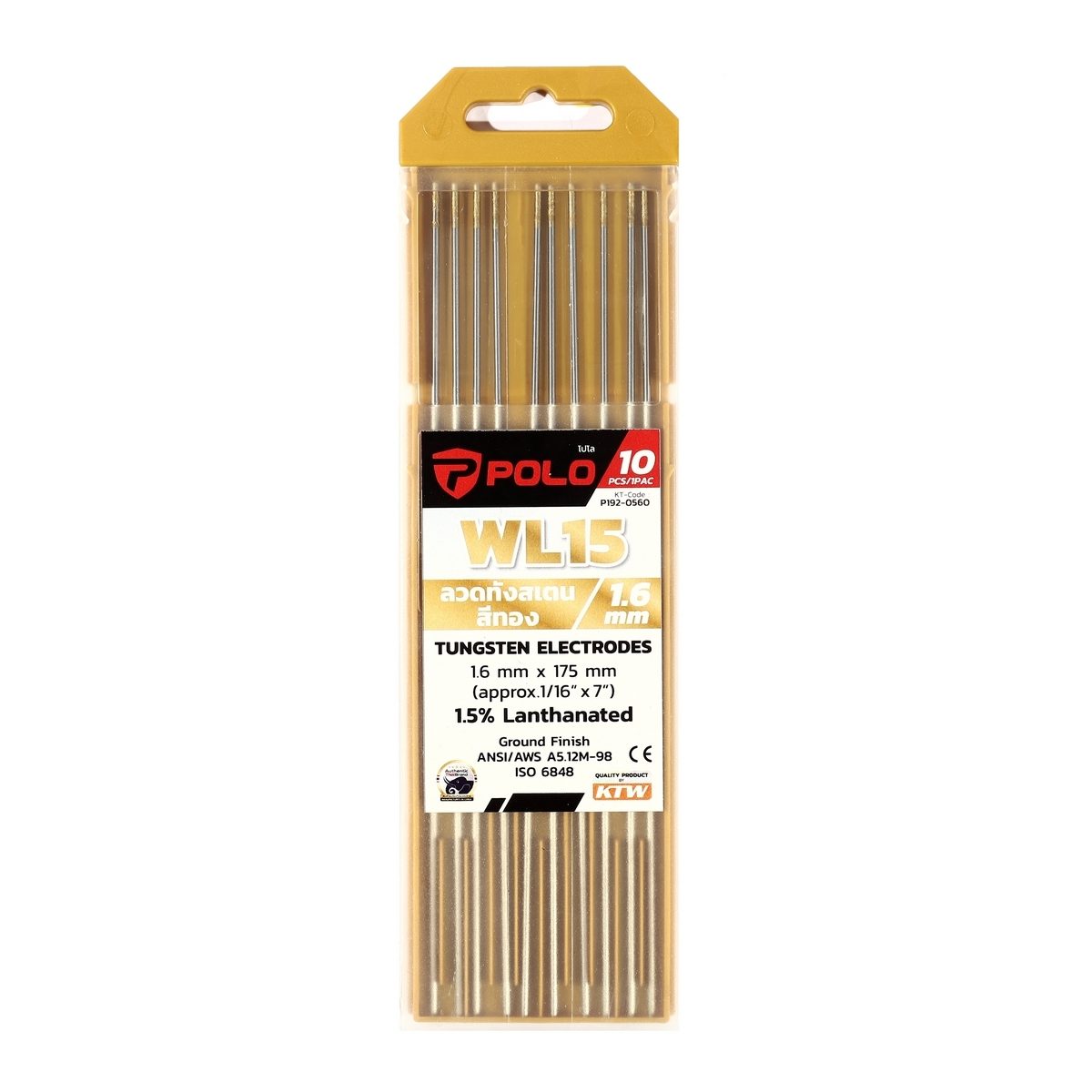 POLO ลวดทังสเตนทอง 1.6 X 175 มม. 1.5% Lanthanated (WL15) บรรจุ 10 ชิ้น/แพ็ค (โปโล)