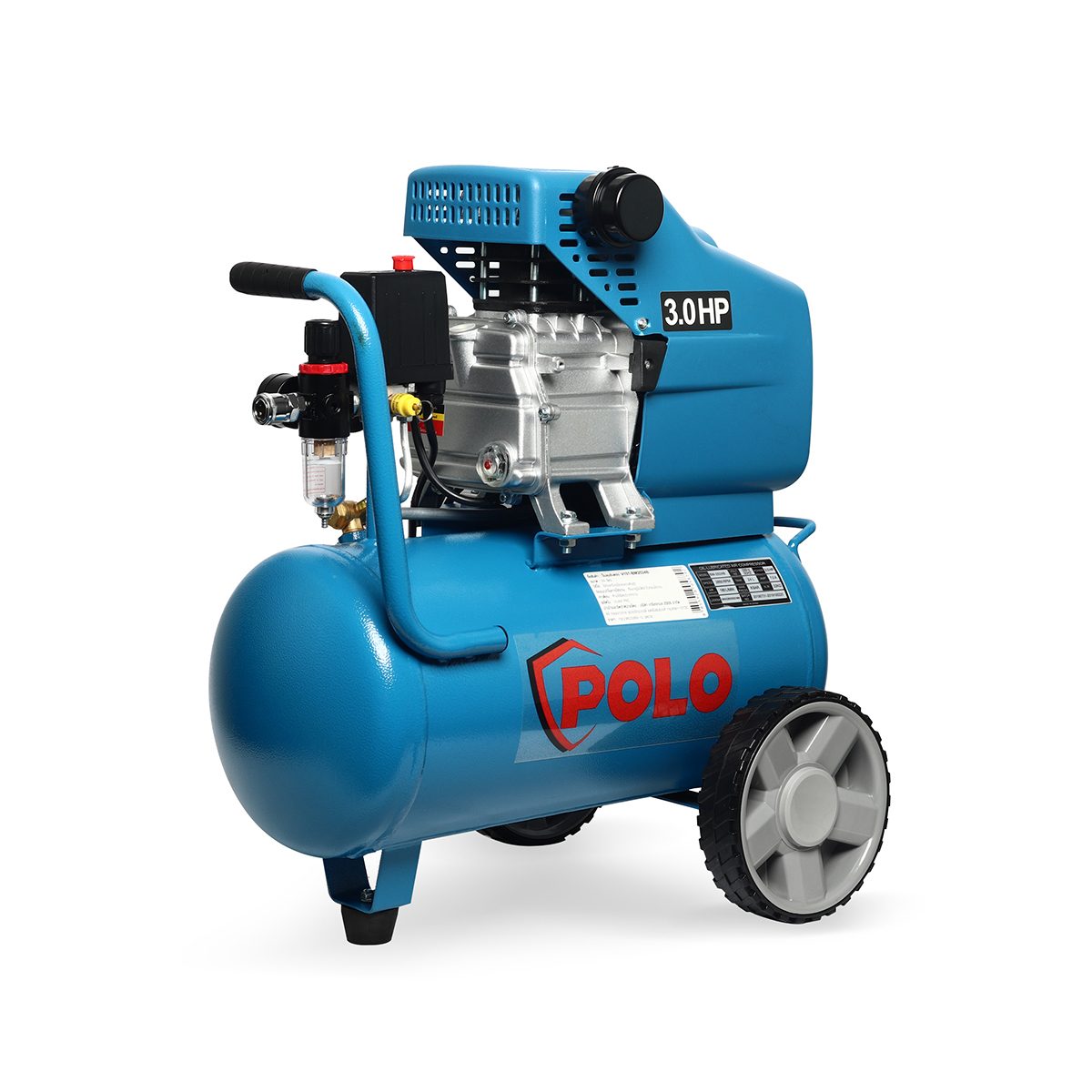 ปั๊มลมขับตรง โปโล (POLO) รุ่น BM2024BLUE (ปั๊มลมโรตารี่) กำลังมอเตอร์ 3 แรงม้า (2237 วัตต์) ขนาดถังลม 24 แรงดัน 8 บาร์ ปริมาณลม 180 ลิตร/นาท