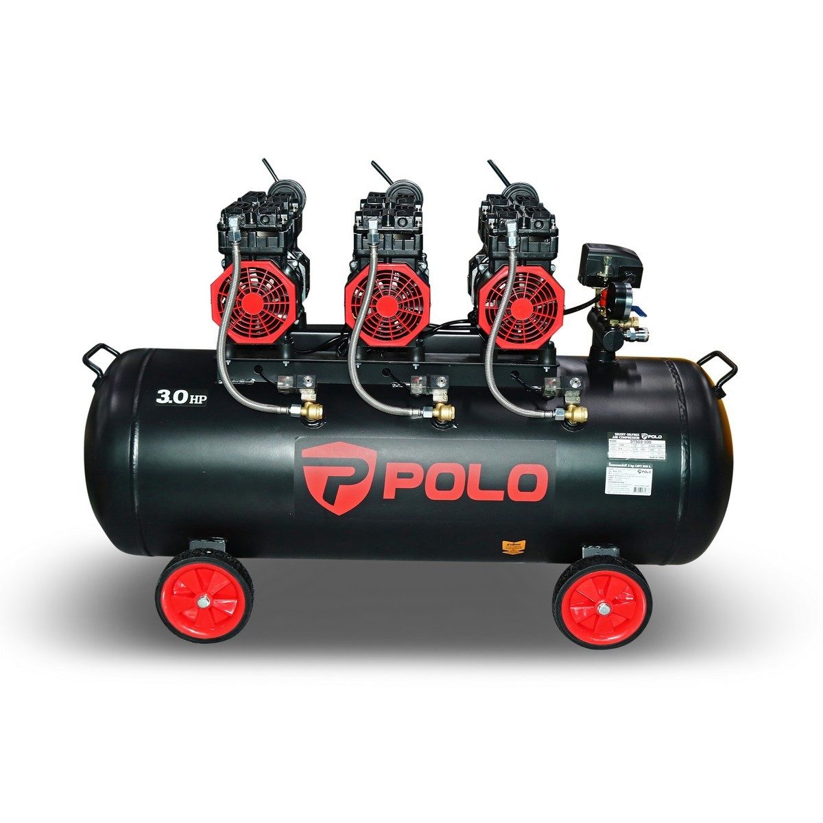 POLO ปั๊มลมออยล์ฟรี 3 หัวปั๊ม (OIL FREE) กำลัง 3 แรงม้า (2200 วัตต์) ถัง 100 ลิตร รุ่น D7503-100 ไฟ 1 เฟส ความเร็วรอบ 1380 รอบ/นาที ไฟ 220 โ