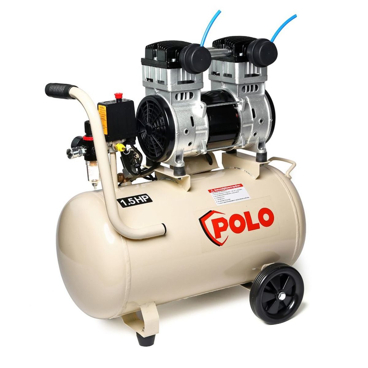 ปั๊มลมออยล์ฟรี โปโล (POLO) รุ่น OFS11001-50 ปั๊มลมแบบไร้น้ำมัน (OIL FREE) กำลังมอเตอร์ 1.5 แรงม้า (1119 วัตต์) ขนาดถังลม 50 ลิตร แรงดัน 8 บา