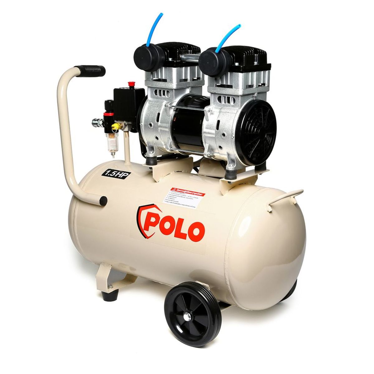 ปั๊มลมออยล์ฟรี โปโล (POLO) รุ่น OFS11001-50 ปั๊มลมแบบไร้น้ำมัน (OIL FREE) กำลังมอเตอร์ 1.5 แรงม้า (1119 วัตต์) ขนาดถังลม 50 ลิตร แรงดัน 8 บา