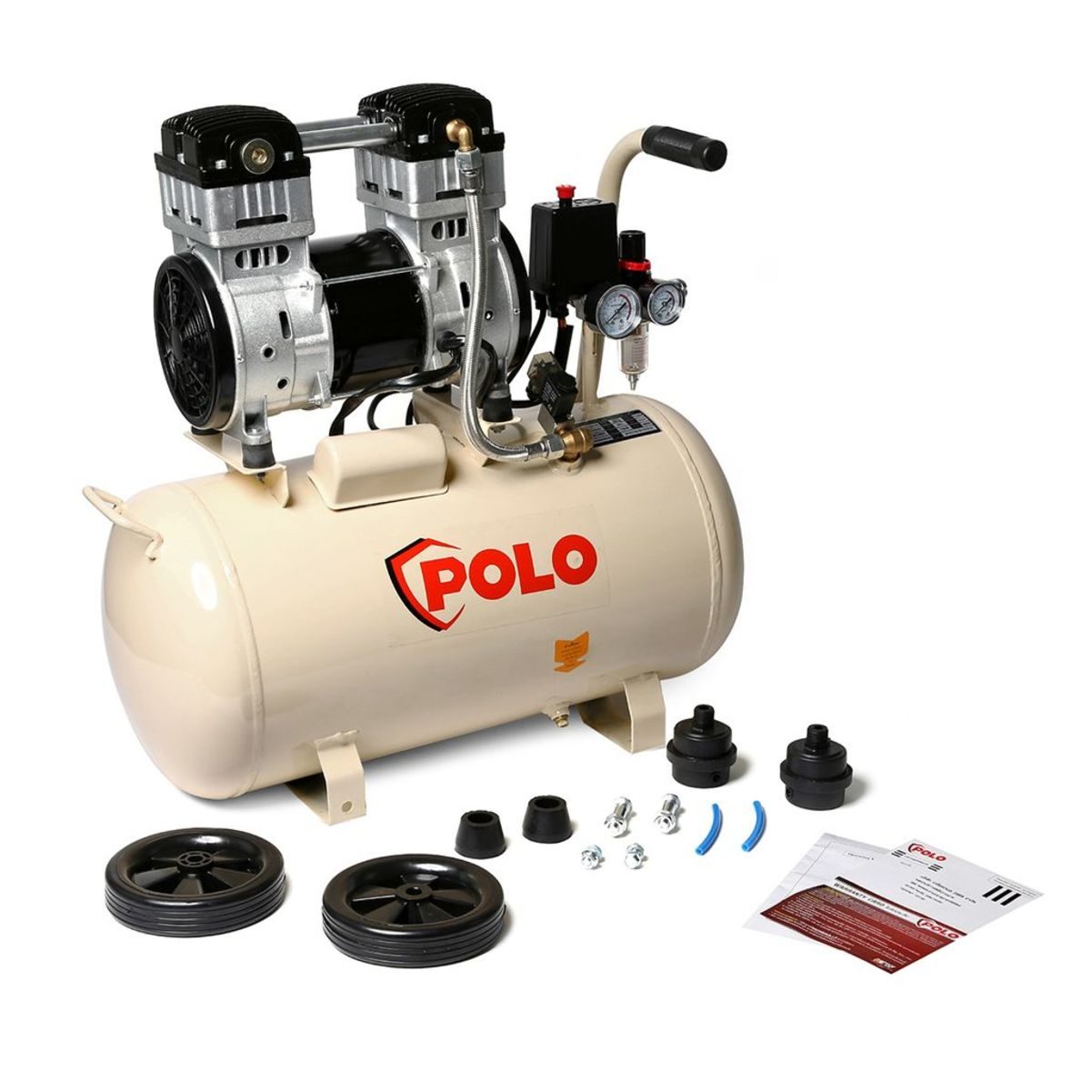 ปั๊มลมออยล์ฟรี โปโล (POLO) รุ่น OFS11001-50 ปั๊มลมแบบไร้น้ำมัน (OIL FREE) กำลังมอเตอร์ 1.5 แรงม้า (1119 วัตต์) ขนาดถังลม 50 ลิตร แรงดัน 8 บา