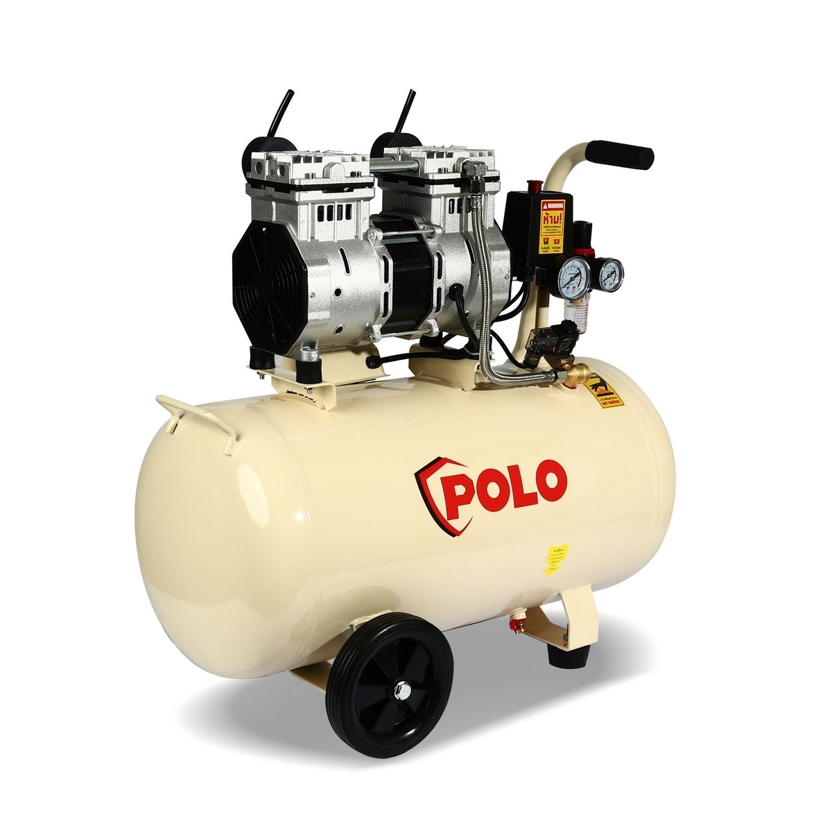 ปั๊มลมออยล์ฟรี โปโล (POLO) รุ่น OFS15001-50S ปั๊มลมแบบไร้น้ำมัน (OIL FREE) กำลังมอเตอร์ 2 แรงม้า (1491 วัตต์) มอเตอร์ระบบ 2 โพล ขนาดถังลม 5