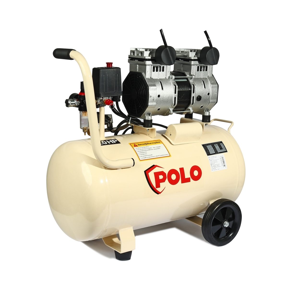 ปั๊มลมออยล์ฟรี  โปโล (POLO) รุ่น OFS15001-50S ปั๊มลมแบบไร้น้ำมัน (OIL FREE) กำลังมอเตอร์ 2 แรงม้า (1491 วัตต์) มอเตอร์ระบบ 2 โพล ขนาดถังลม 5
