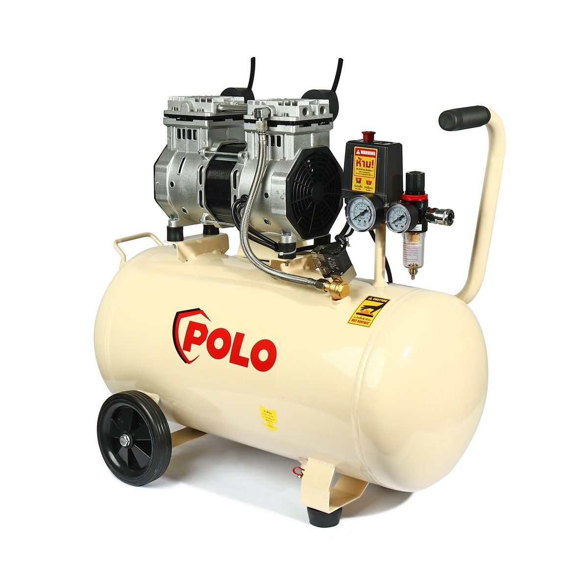 ปั๊มลมออยล์ฟรี  โปโล (POLO) รุ่น OFS15001-50S ปั๊มลมแบบไร้น้ำมัน (OIL FREE) กำลังมอเตอร์ 2 แรงม้า (1491 วัตต์) มอเตอร์ระบบ 2 โพล ขนาดถังลม 5