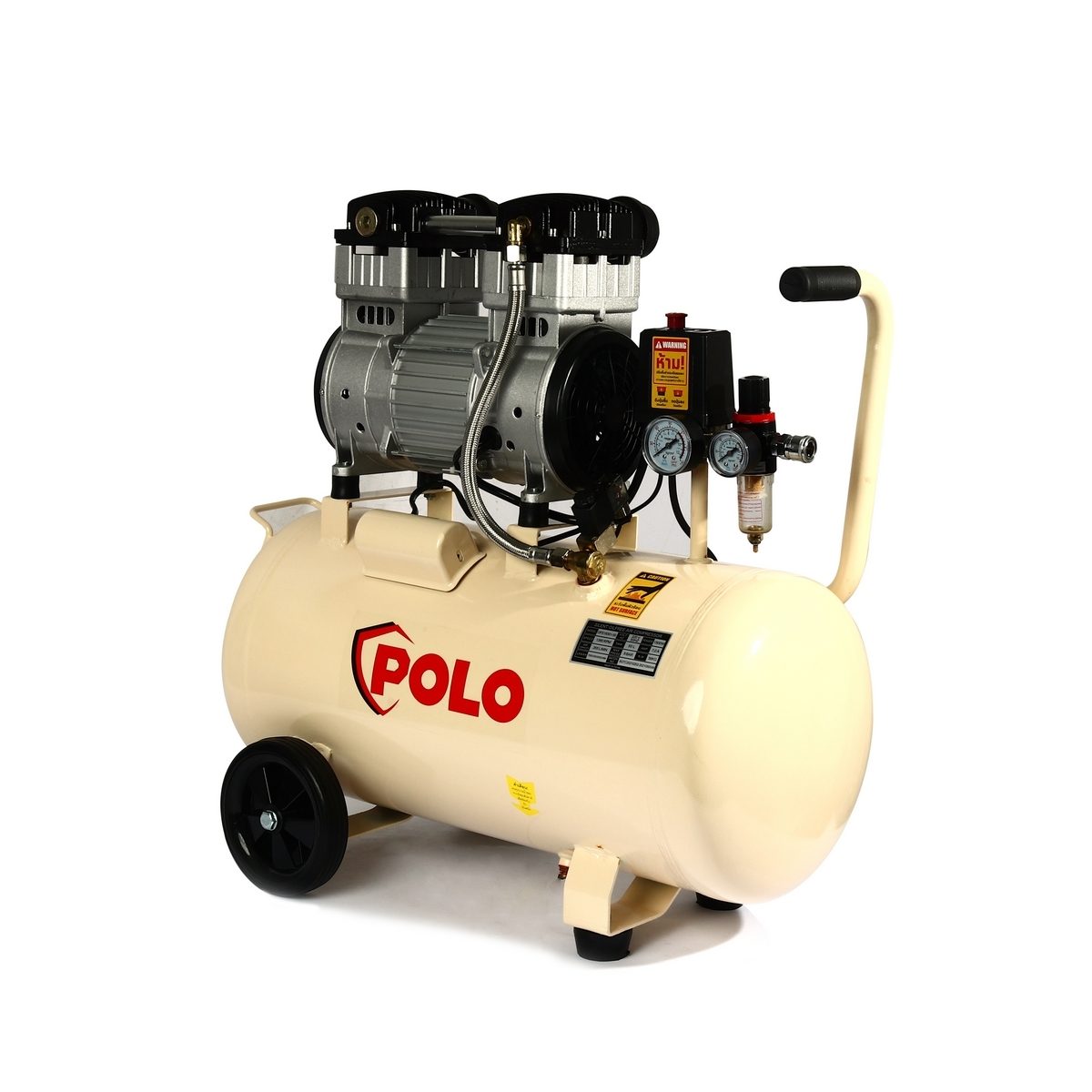 POLO ปั๊มลมออยล์ฟรี (OIL FREE) มอเตอร์ 2 แรงม้า (1500 วัตต์) ถัง 50 ลิตร รุ่น OFS15001-50 ไฟ 1 เฟส ความเร็วรอบ 1380 รอบ/นาที แรงดันลม 8 บาร์
