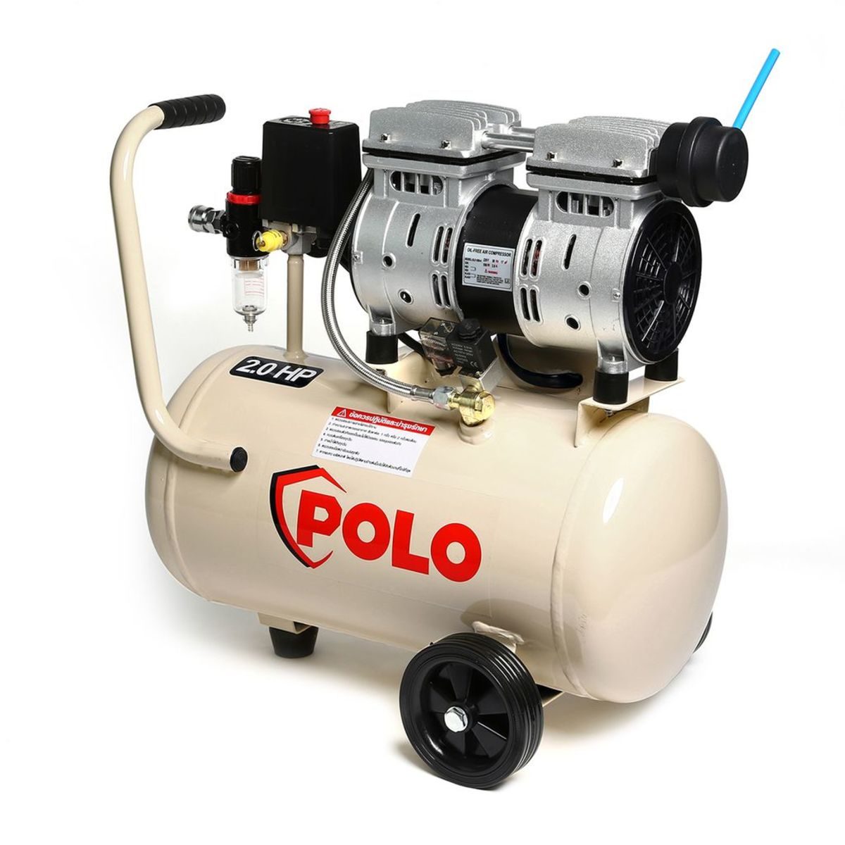 POLO ปั๊มลมออยล์ฟรี (OIL FREE) มอเตอร์ 0.75 แรงม้า (550 วัตต์) ขนาดถัง 24 ลิตร รุ่น OFS5501-24 ไฟ 1 เฟส ความเร็วรอบ 1380 รอบ/นาที แรงดันลม 8