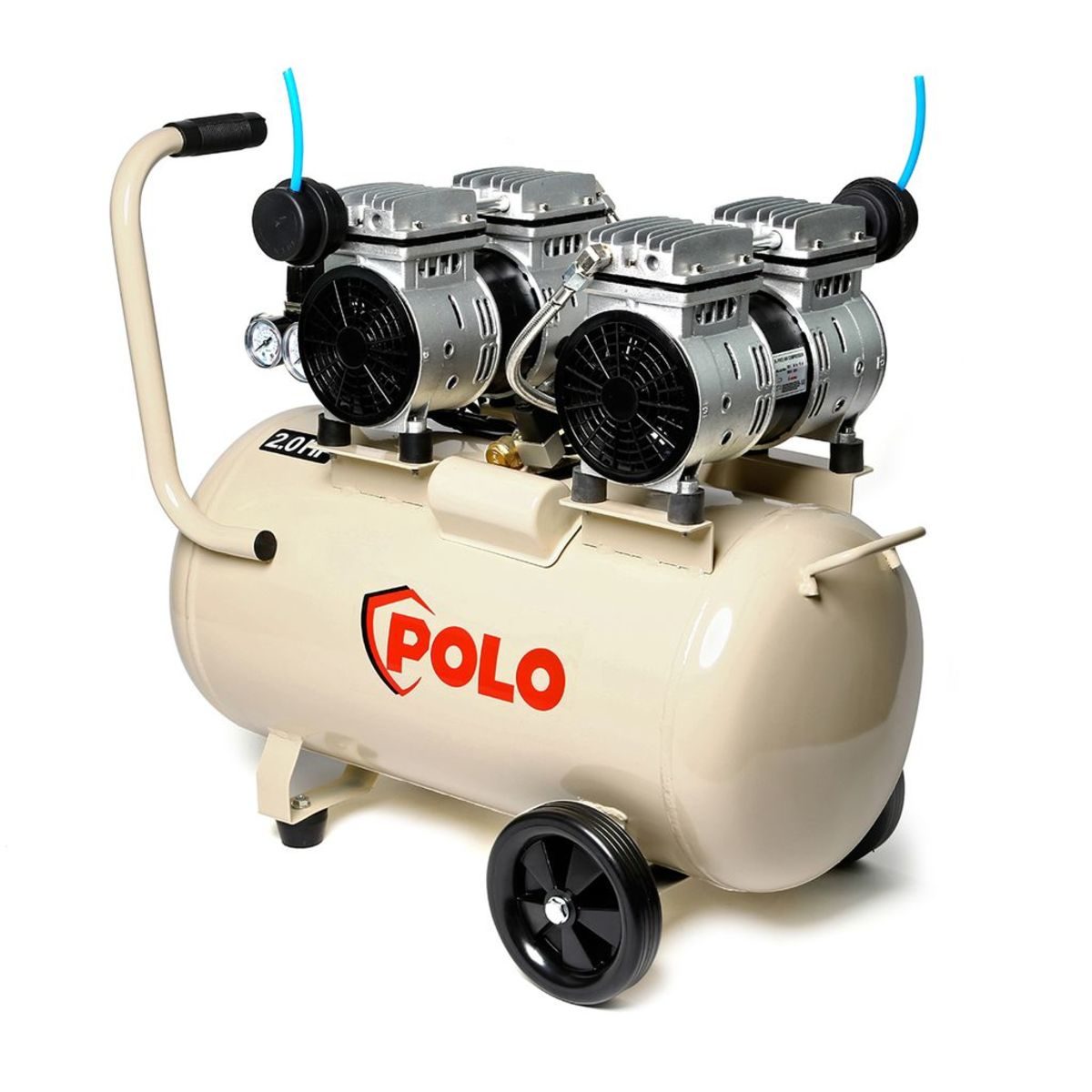 POLO ปั๊มลมออยล์ฟรี 2 หัวปั๊ม (OIL FREE) มอเตอร์ 1.5 แรงม้า (1100 วัตต์) ถัง 50 ลิตร รุ่น OFS5502-50 ไฟ 1 เฟส ความเร็วรอบ 1450 รอบ/นาที แรงด