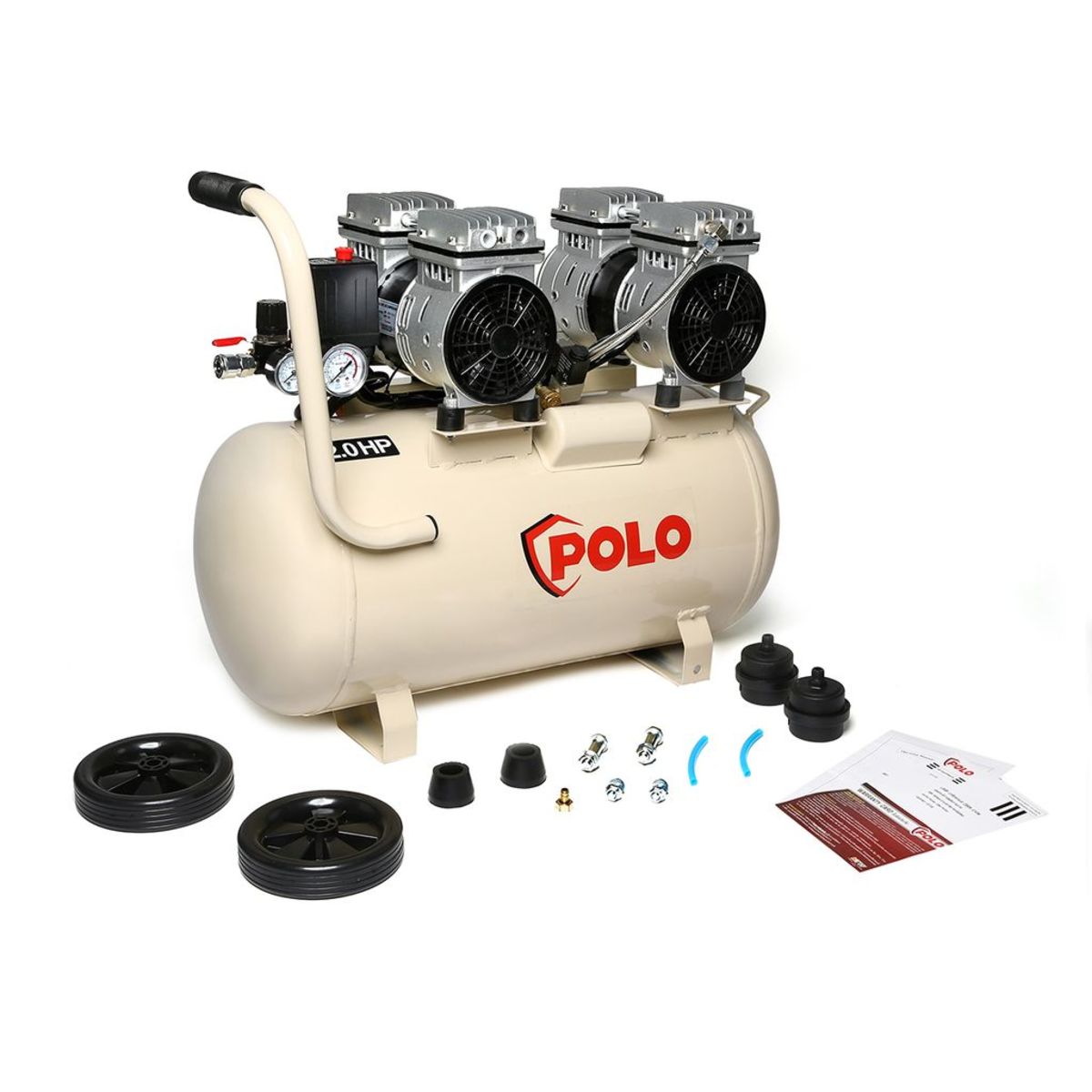 POLO ปั๊มลมออยล์ฟรี 2 หัวปั๊ม (OIL FREE) มอเตอร์ 1.5 แรงม้า (1100 วัตต์) ถัง 50 ลิตร รุ่น OFS5502-50 ไฟ 1 เฟส ความเร็วรอบ 1450 รอบ/นาที แรงด