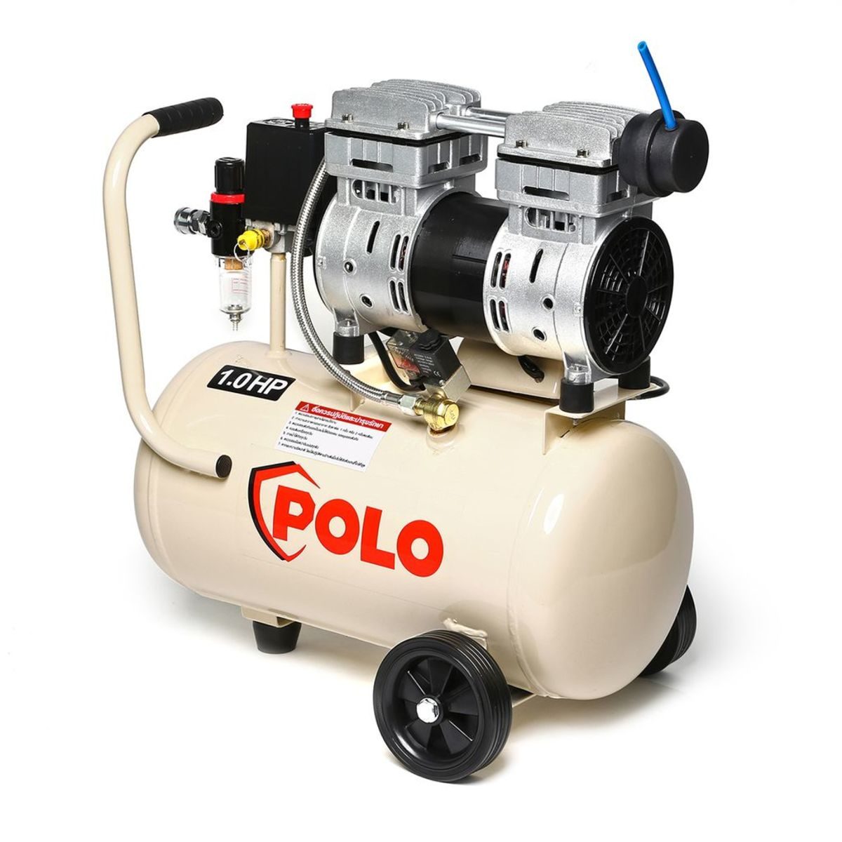 ปั๊มลมออยล์ฟรี โปโล (POLO) รุ่น OFS7501-24 ปั๊มลมแบบไร้น้ำมัน (OIL FREE) กำลังมอเตอร์ 1 แรงม้า (750 วัตต์) ขนาดถังลม 24 ลิตร แรงดัน 8 บาร์ ป