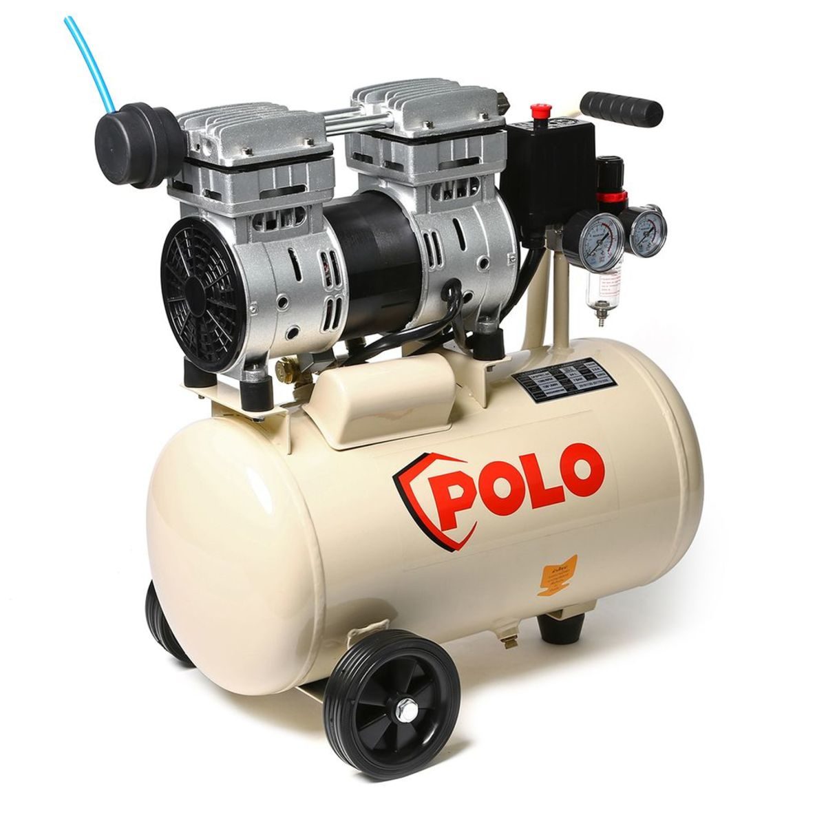 ปั๊มลมออยล์ฟรี โปโล (POLO) รุ่น OFS7501-24 ปั๊มลมแบบไร้น้ำมัน (OIL FREE) กำลังมอเตอร์ 1 แรงม้า (750 วัตต์) ขนาดถังลม 24 ลิตร แรงดัน 8 บาร์ ป