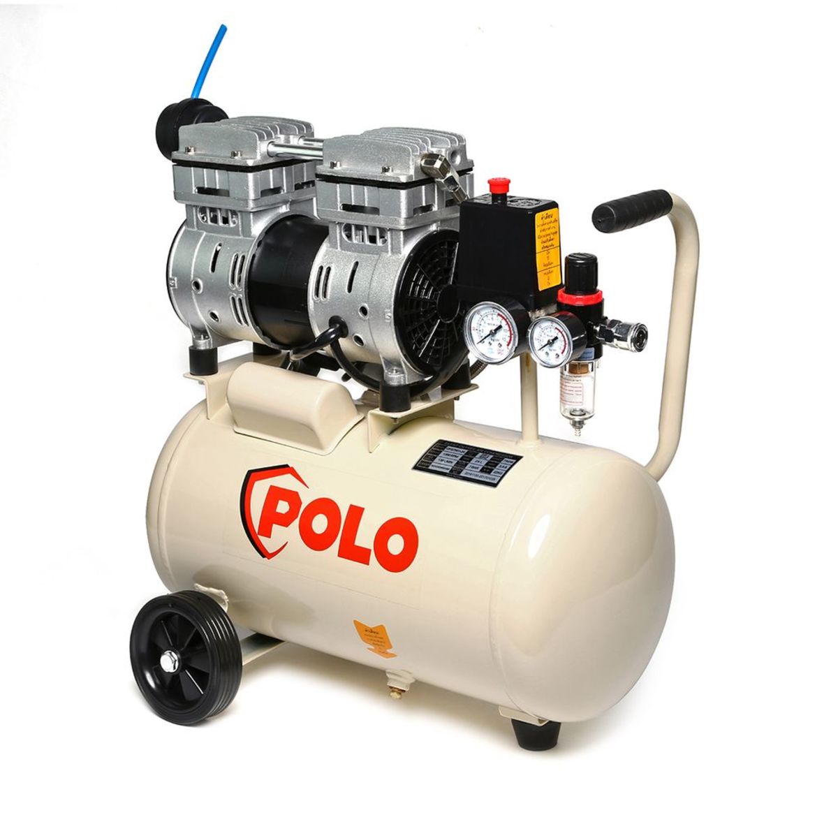 ปั๊มลมออยล์ฟรี โปโล (POLO) รุ่น OFS7501-24 ปั๊มลมแบบไร้น้ำมัน (OIL FREE) กำลังมอเตอร์ 1 แรงม้า (750 วัตต์) ขนาดถังลม 24 ลิตร แรงดัน 8 บาร์ ป