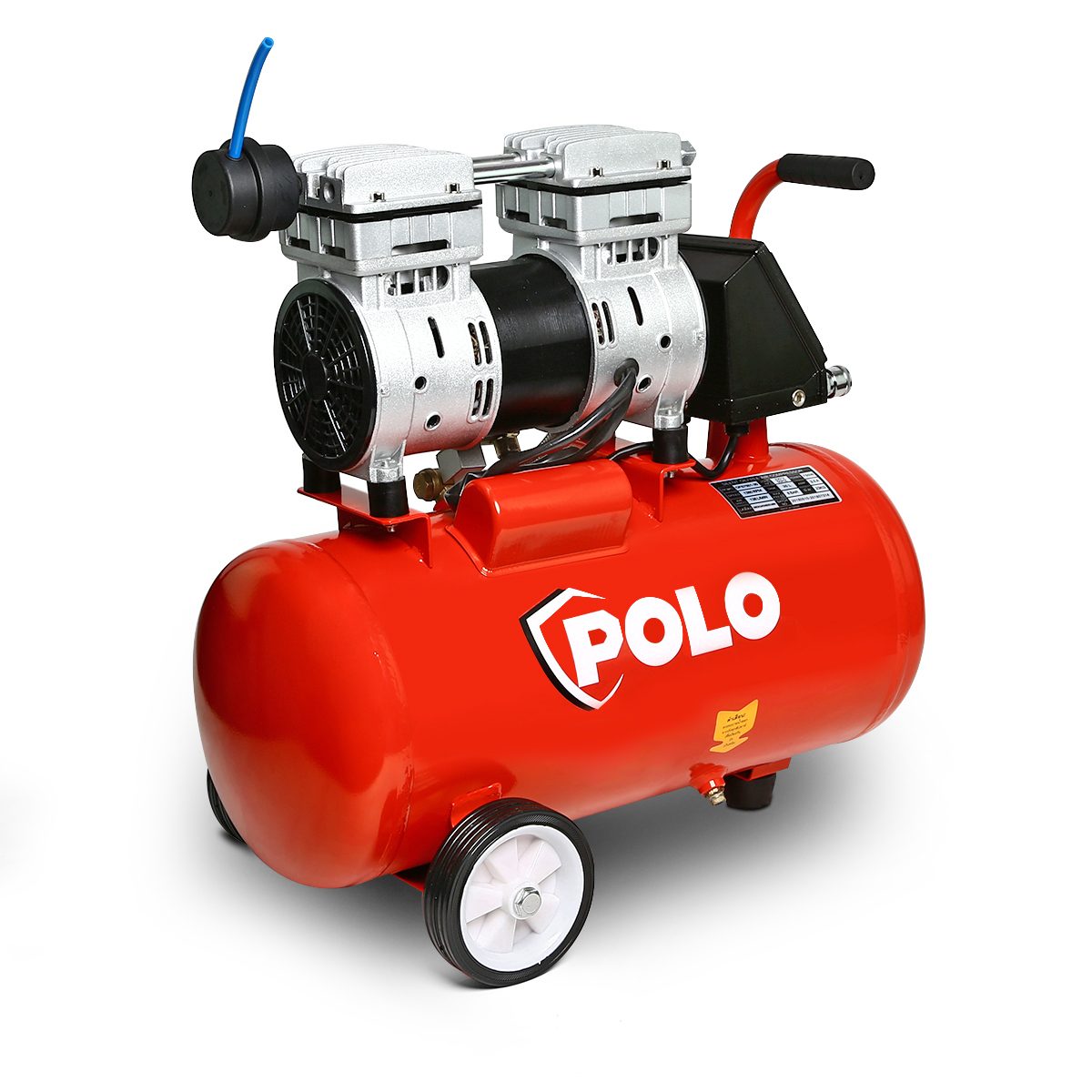 ปั๊มลมออยล์ฟรี โปโล (POLO) รุ่น OFS7501-30D ปั๊มลมแบบไร้น้ำมัน (OIL FREE) กำลังมอเตอร์ 1 แรงม้า (750 วัตต์) ขนาดถังลม 30 ลิตร แรงดัน 8 บาร์ 