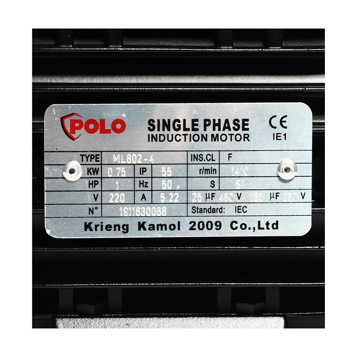 POLO มอเตอร์ (A Series) 1 แรงม้า 220 โวลต์  4 โพล 1 เฟส  2 สาย รุ่น ML802-4 ขนาดเพลาออก 19 มม. ความเร็วรอบ 1450 รอบ/นาที ป้องกันฝุ่นและน้ำ I