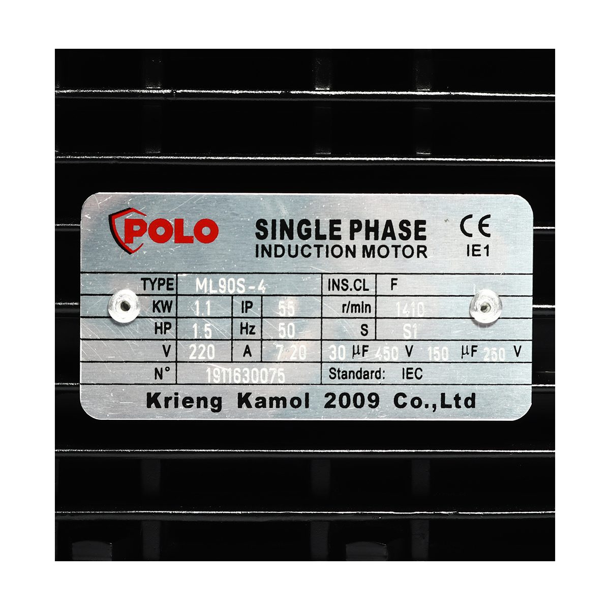 POLO มอเตอร์ (A Series) 1.5 แรงม้า 220 โวลต์  4 โพล 1 เฟส  2 สาย รุ่น ML90S-4 ขนาดเพลาออก 24 มม. ความเร็วรอบ 1450 รอบ/นาที ป้องกันฝุ่นและน้ำ