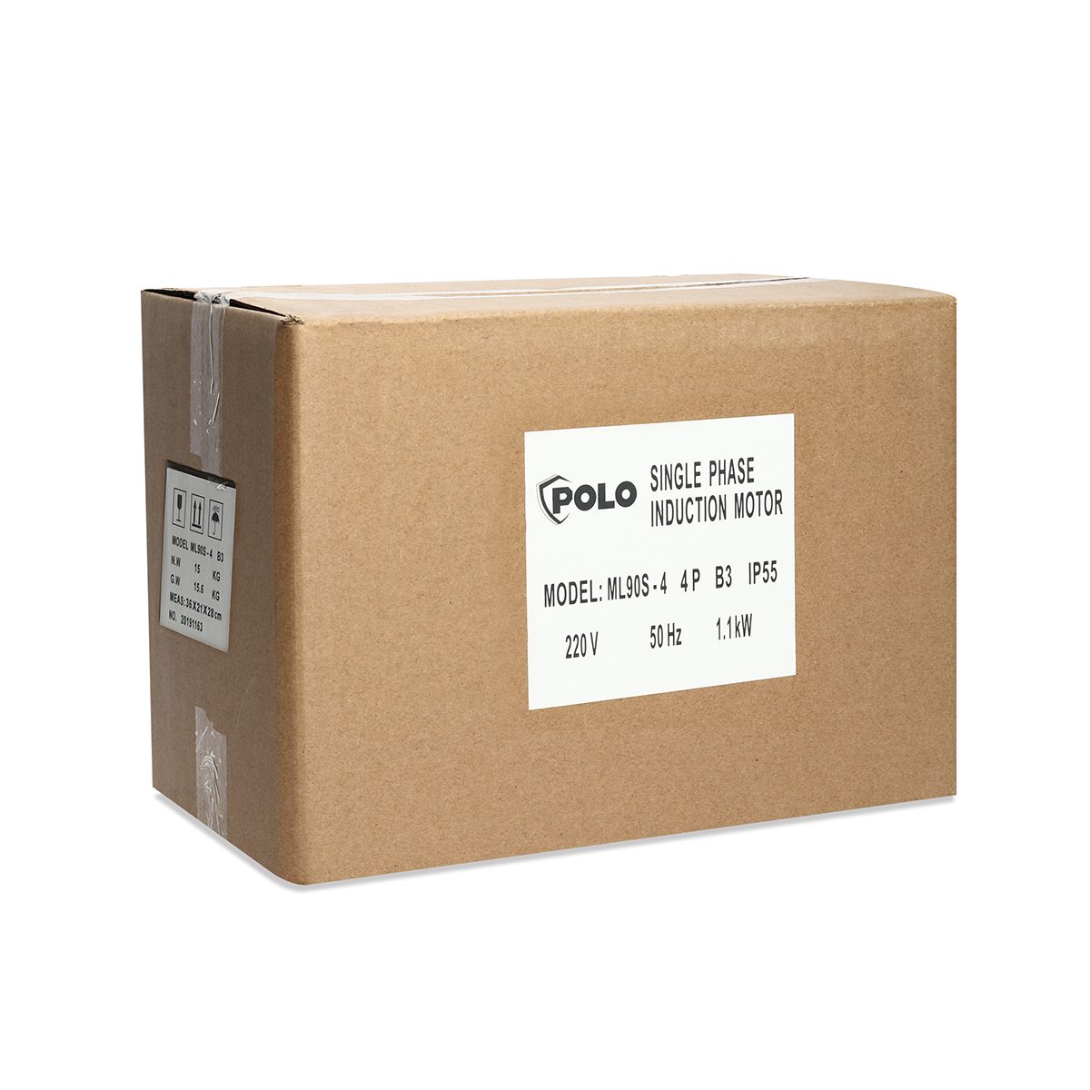 POLO มอเตอร์ (A Series) 1.5 แรงม้า 220 โวลต์  4 โพล 1 เฟส  2 สาย รุ่น ML90S-4 ขนาดเพลาออก 24 มม. ความเร็วรอบ 1450 รอบ/นาที ป้องกันฝุ่นและน้ำ