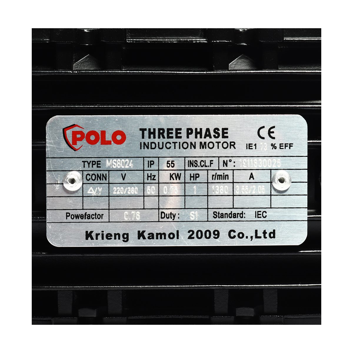 POLO มอเตอร์ (A Series) 1 แรงม้า 380 โวลต์ 4 โพล 3 เฟส  3 สาย รุ่น MS 8024 ขนาดเพลาออก 19 มม. ความเร็วรอบ 1450 รอบ/นาที ป้องกันฝุ่นและน้ำ IP