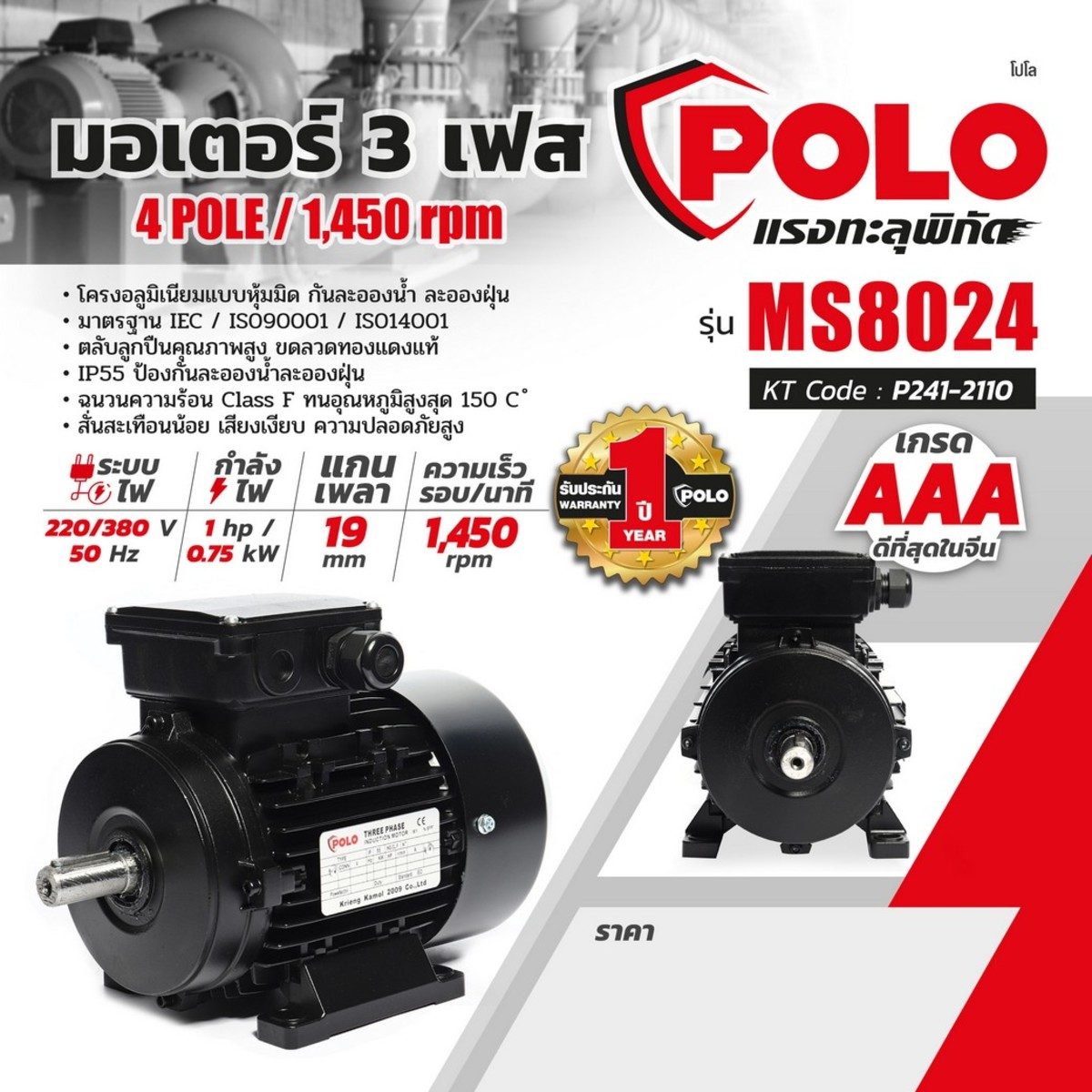POLO มอเตอร์ (A Series) 1 แรงม้า 380 โวลต์ 4 โพล 3 เฟส  3 สาย รุ่น MS 8024 ขนาดเพลาออก 19 มม. ความเร็วรอบ 1450 รอบ/นาที ป้องกันฝุ่นและน้ำ IP