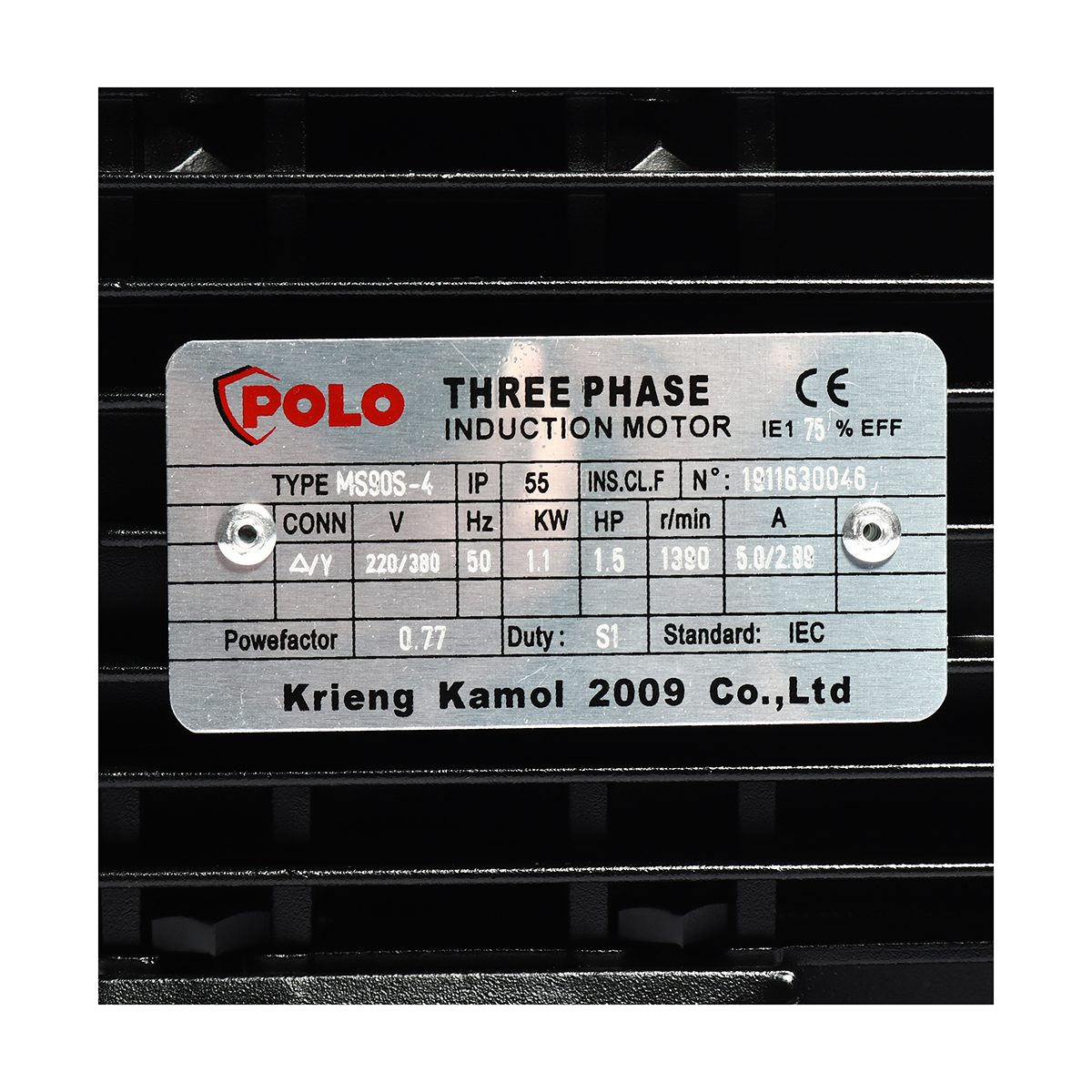 POLO มอเตอร์ (A Series) 1.5 แรงม้า 380 โวลต์ 4 โพล 3 เฟส  3 สาย รุ่น MS 90S-4 ขนาดเพลาออก 24 มม. ความเร็วรอบ 1450 รอบ/นาที ป้องกันฝุ่นและน้ำ