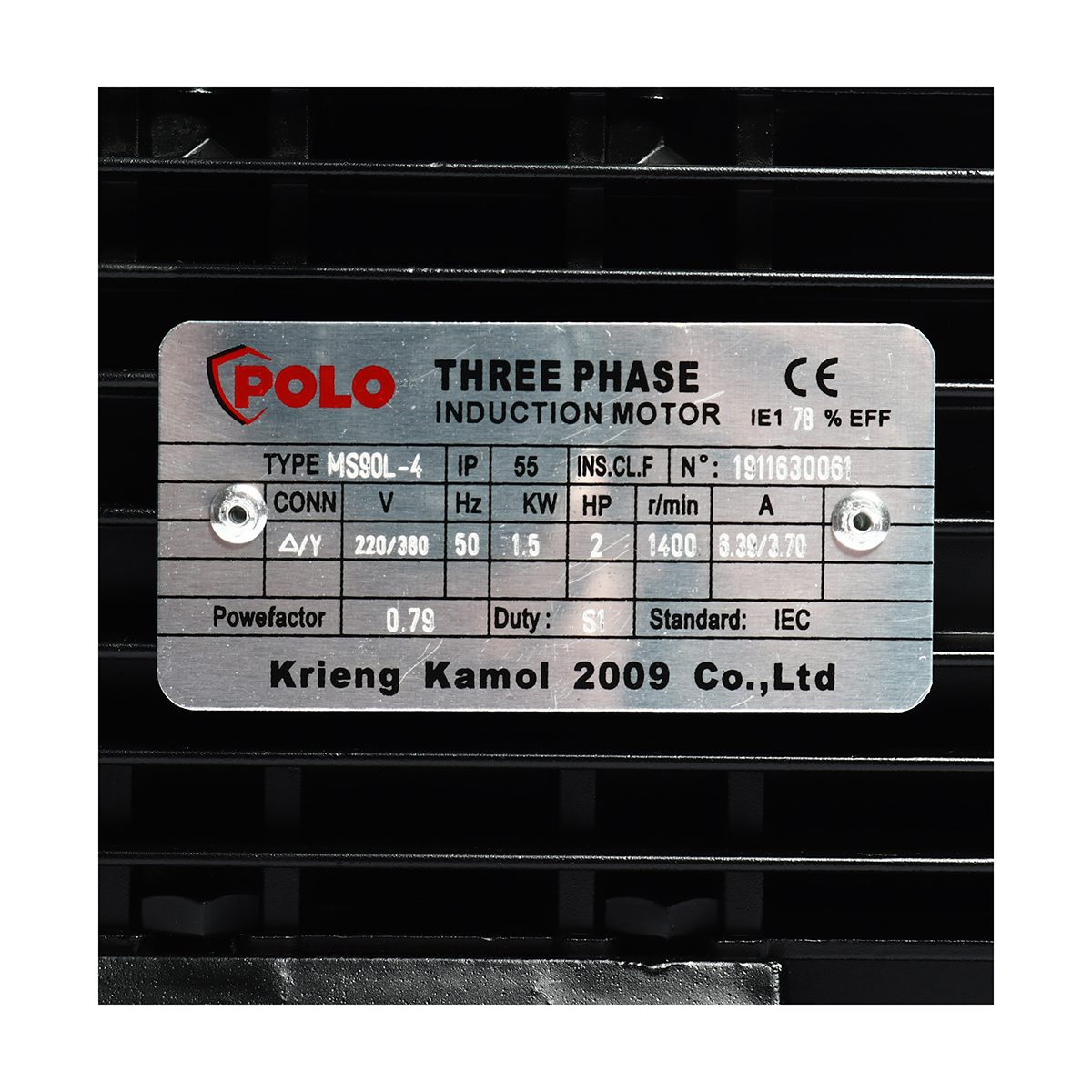 POLO มอเตอร์ (A Series) 2 แรงม้า 380 โวลต์ 4 โพล 3 เฟส  3 สาย รุ่น MS 90L-4 ขนาดเพลาออก 24 มม. ความเร็วรอบ 1450 รอบ/นาที ป้องกันฝุ่นและน้ำ I