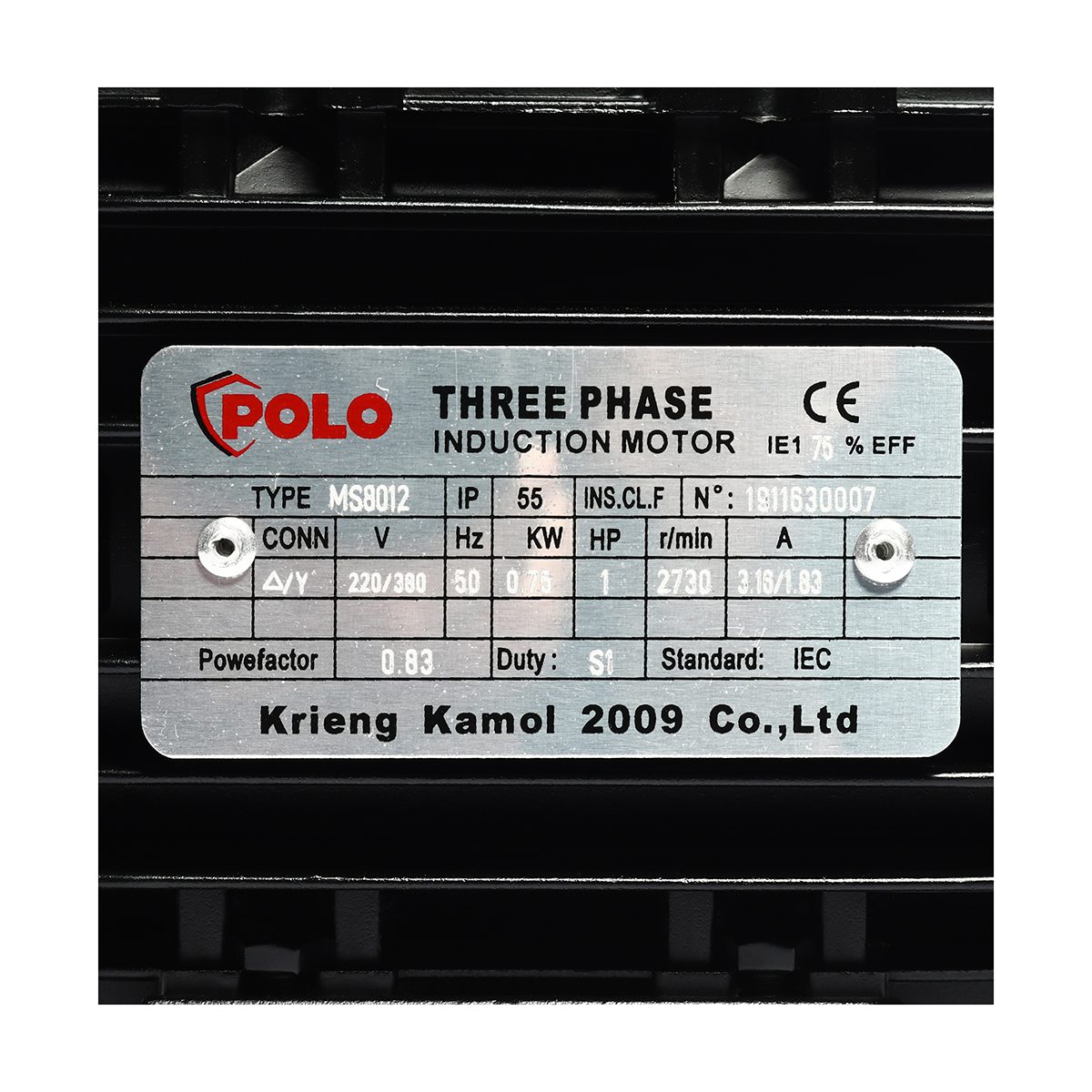 POLO มอเตอร์ (A Series) 1 แรงม้า 380 โวลต์  2 โพล 3 เฟส  3 สาย รุ่น MS 8012 ขนาดเพลาออก 19 มม. ความเร็วรอบ 2900 รอบ/นาที ป้องกันฝุ่นและน้ำ I