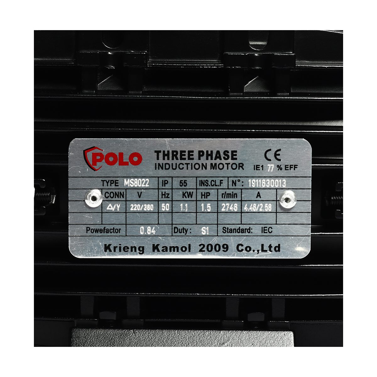 POLO มอเตอร์ (A Series) 1.5 แรงม้า 380 โวลต์  2 โพล 3 เฟส  3 สาย รุ่น MS 8022 ขนาดเพลาออก 19 มม. ความเร็วรอบ 2900 รอบ/นาที ป้องกันฝุ่นและน้ำ