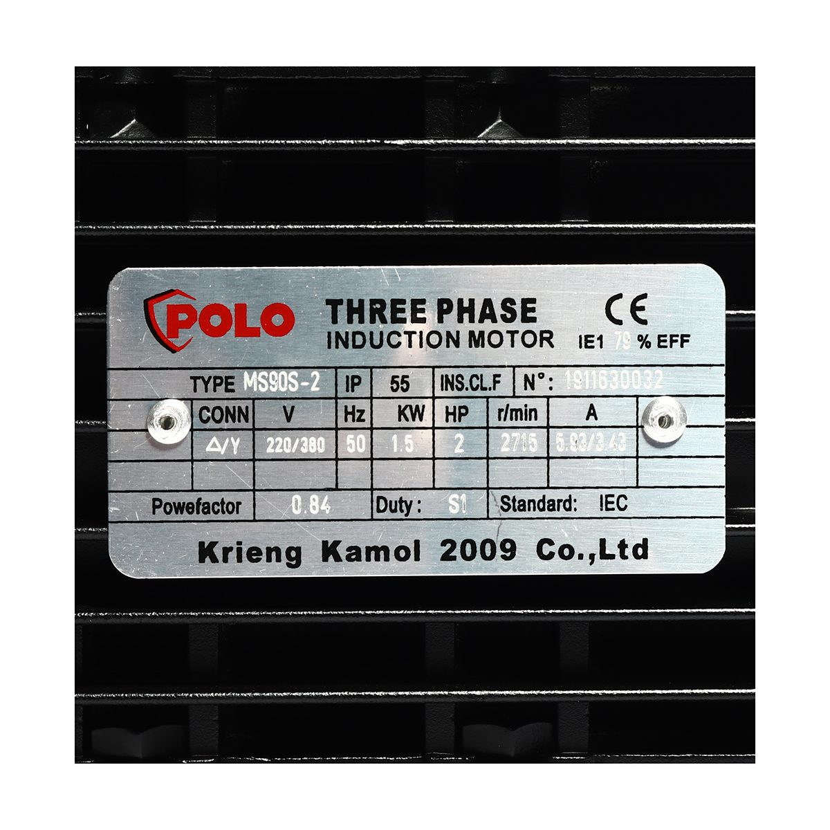 POLO มอเตอร์ (A Series) 2 แรงม้า 380 โวลต์  2 โพล 3 เฟส  3 สาย รุ่น MS 90S-2 ขนาดเพลาออก 24 มม. ความเร็วรอบ 2900 รอบ/นาที ป้องกันฝุ่นและน้ำ 