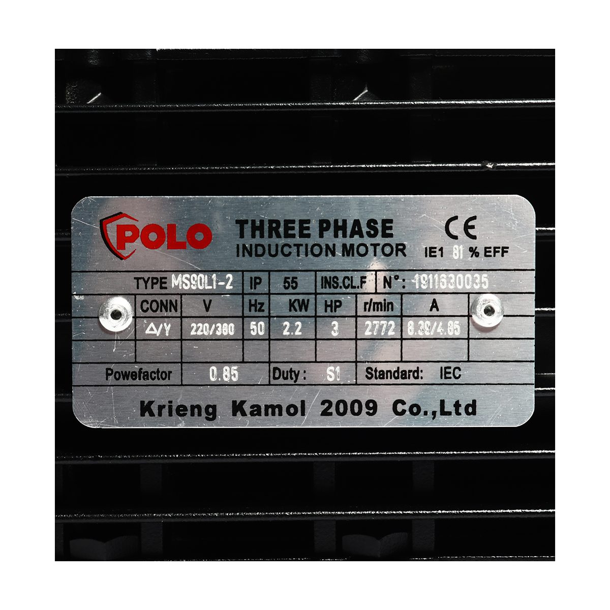 POLO มอเตอร์ (A Series) 3 แรงม้า 380 โวลต์  2 โพล 3 เฟส  3 สาย รุ่น MS 90L1-2 ขนาดเพลาออก 24 มม. ความเร็วรอบ 2900 รอบ/นาที ป้องกันฝุ่นและน้ำ