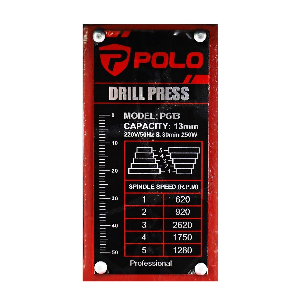 POLO สว่านแท่น ขนาด 13 มม. (1/2 นิ้ว) กำลังมอเตอร์ 250 วัตต์ รุ่น PG13 เจาะลึก 50 มม. ปรับความเร็วในการเจาะได้ 5 ระดับ แถมปากกาจับชิ้นงาน + 