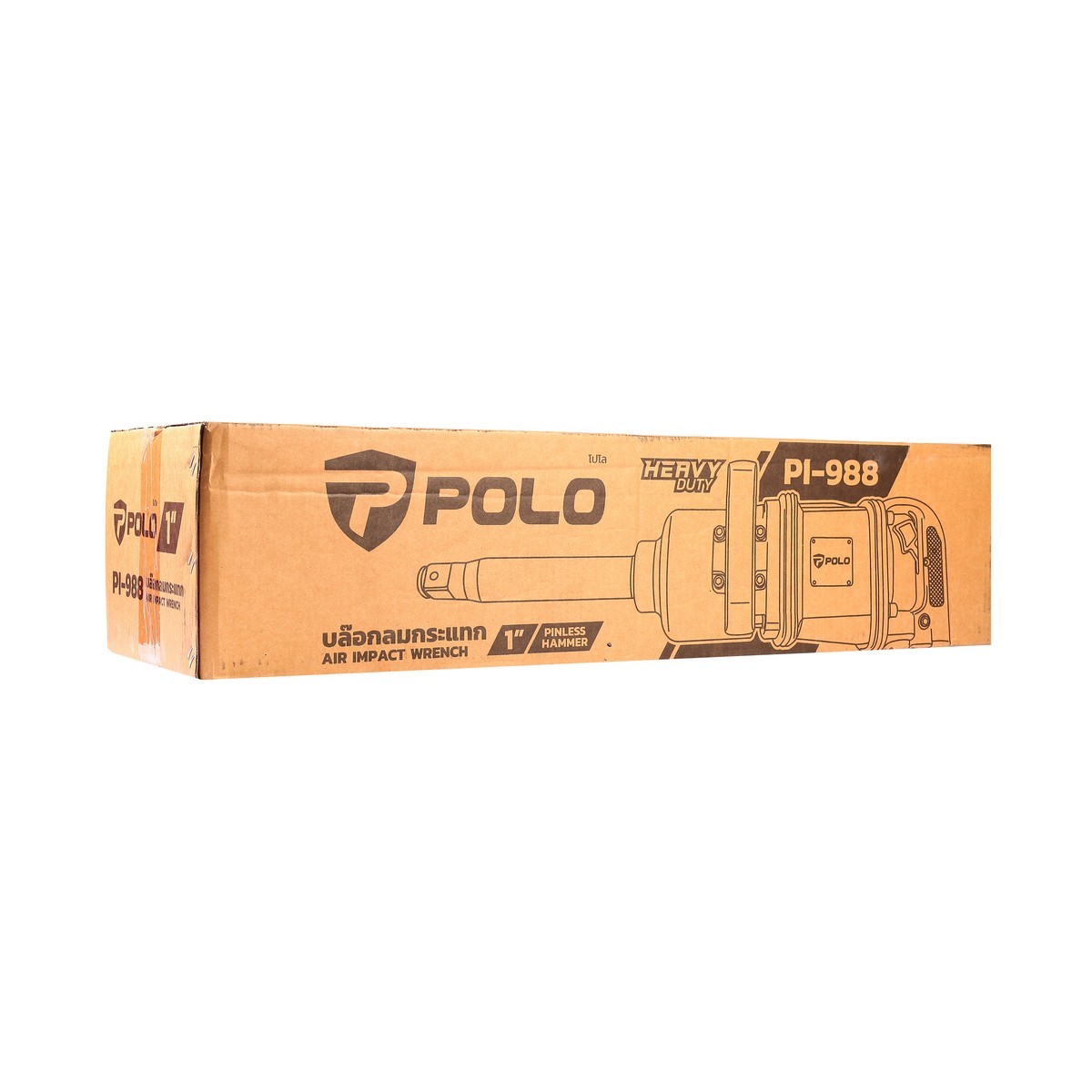 POLO บล็อกลม 1 นิ้ว ความยาวแกนเพลา 9 นิ้ว รุ่น PI-988 แรงบิดสูงสุด 2360 ฟุต-ปอนด์ (3200 นิวตันเมตร) ขนาดสายลม 1/2 นิ้ว อัตราการใช้ลมเฉลี่ย 8