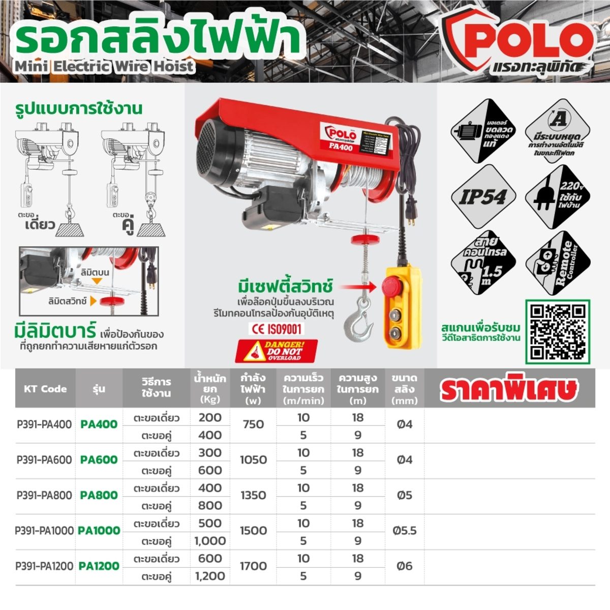 POLO รอกสลิงไฟฟ้าขนาดเล็ก 750 วัตต์ ขนาด 400 กก. ยกสูง 18/9 ม. รุ่น PA400 ความเร็วการยกที่ 10/5 เมตร/นาที ขนาดสลิง 4 มม. ใช้งานได้ทั้งแบบตะข